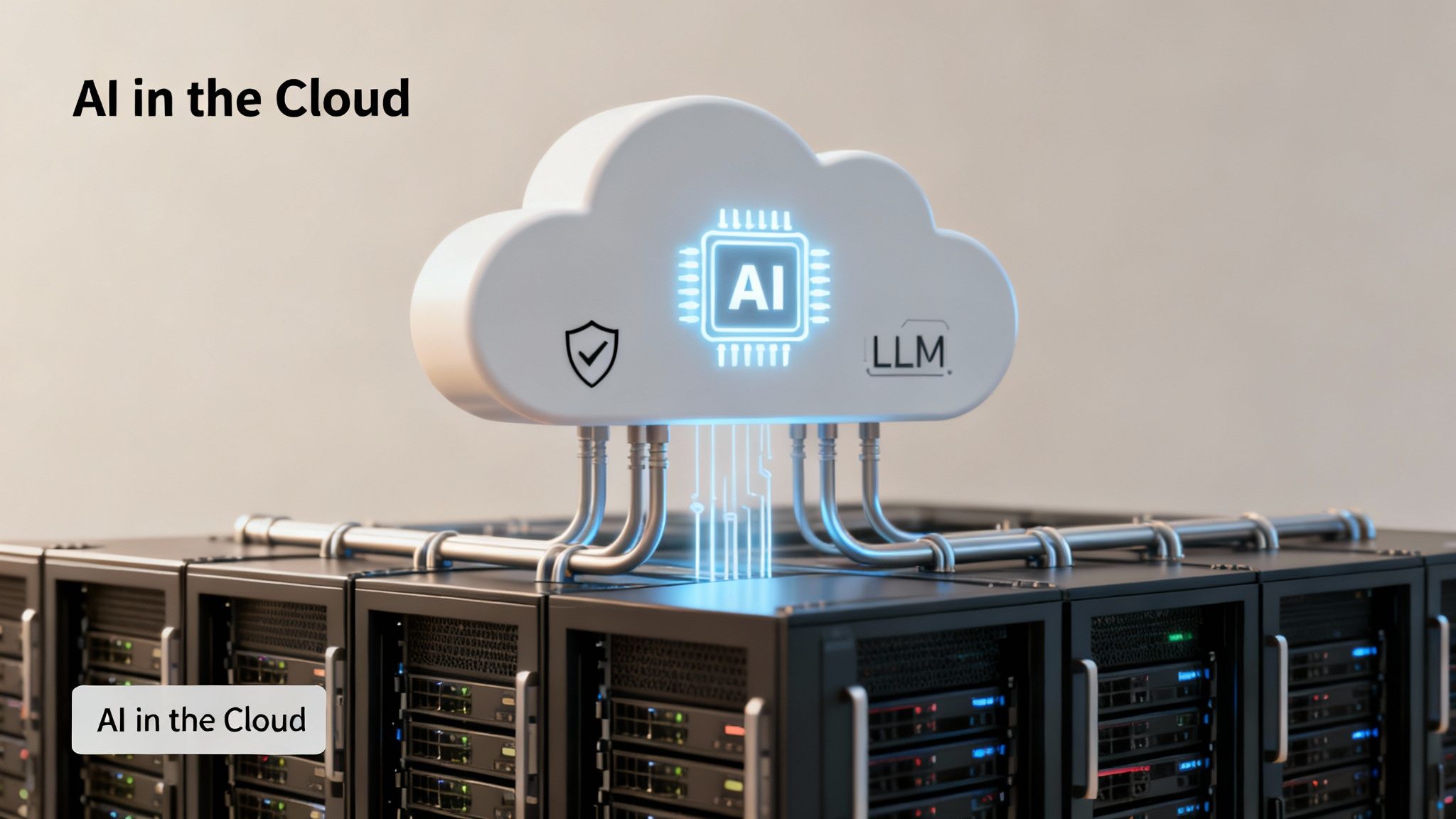 A cloud icon with AI and LLM symbols connects to multiple server racks, representing AI in cloud computing.