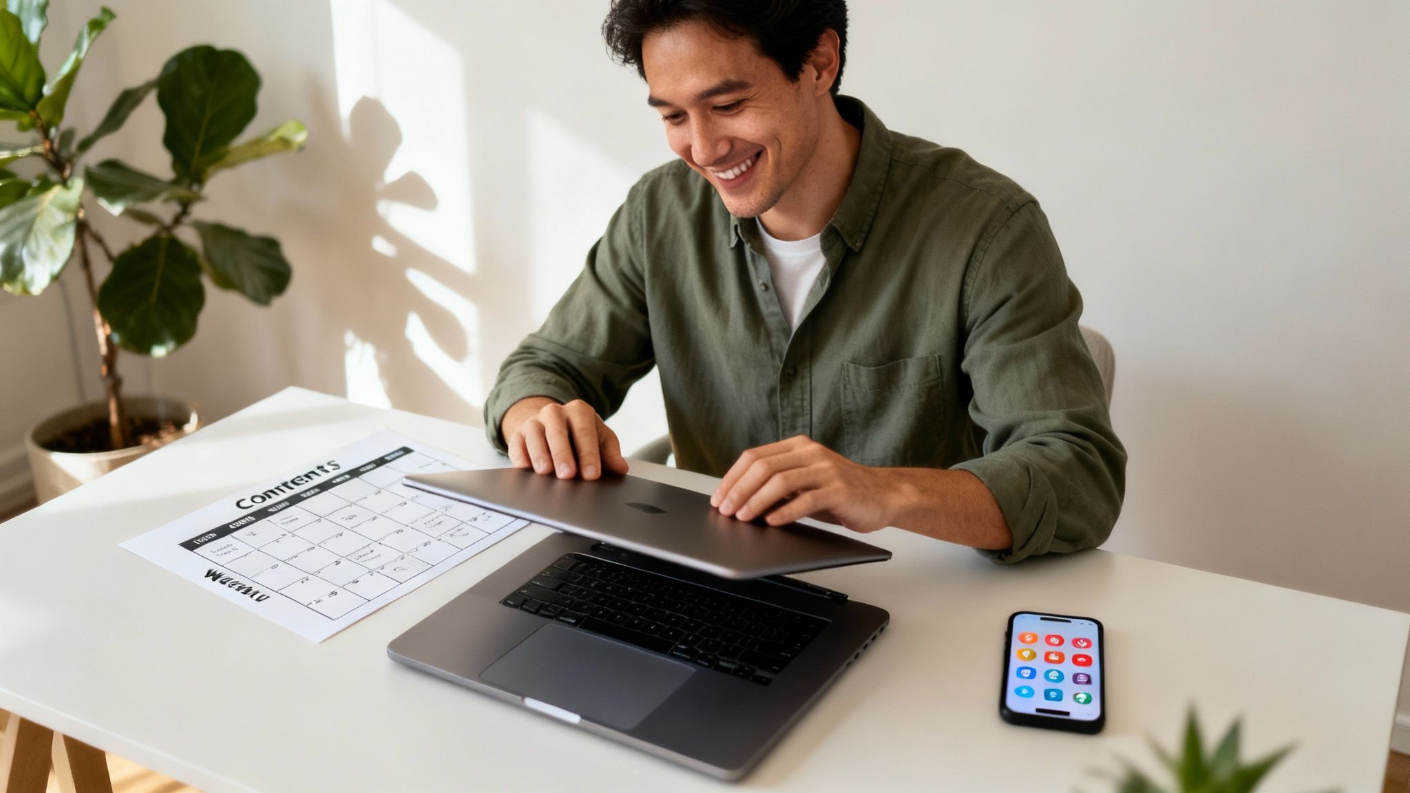 A smiling man opening his laptop on a white desk with a planner and phone.