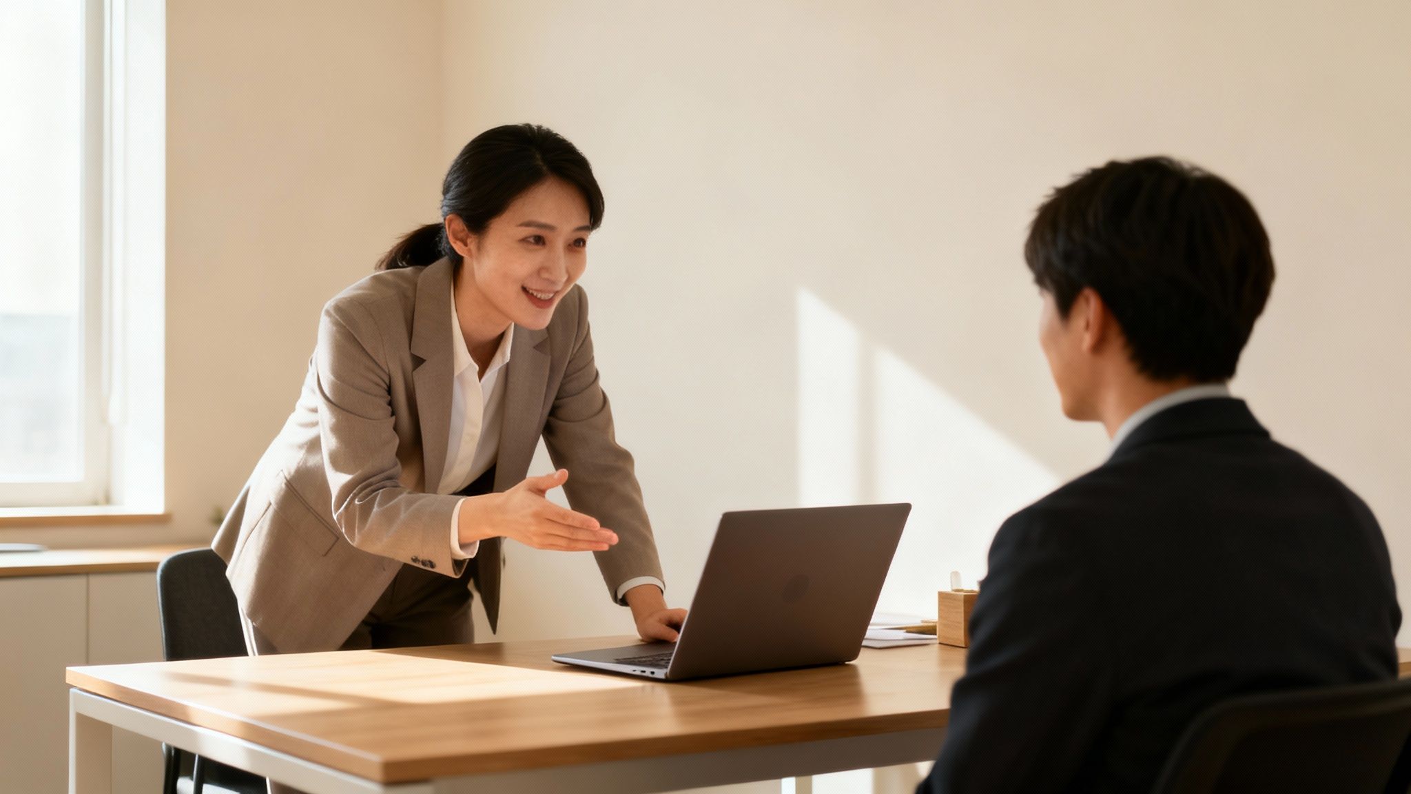Two smiling business professionals collaborating on a laptop at an office desk during a meeting.
