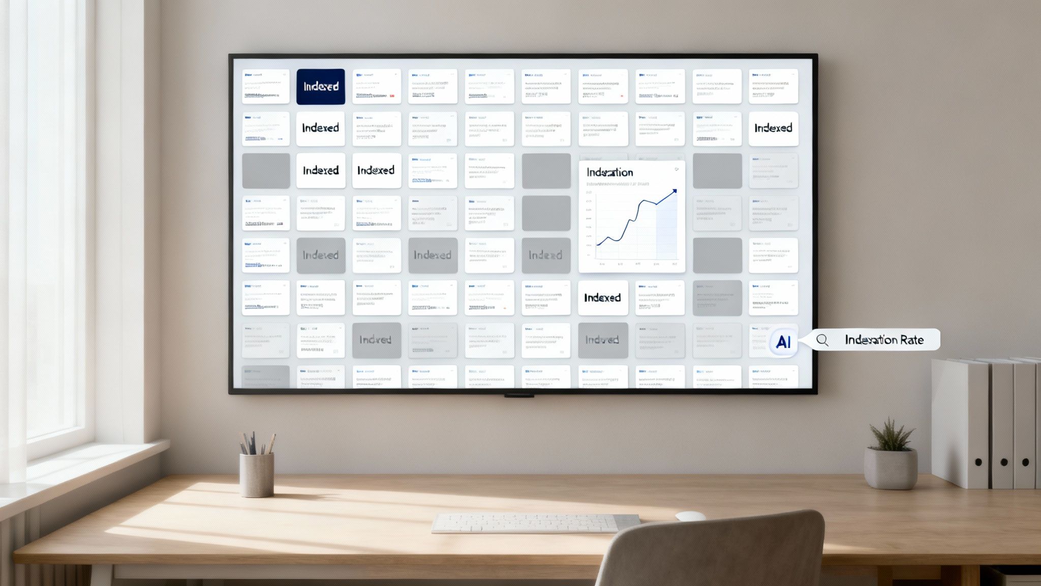 A large monitor on a clean desk displays SEO indexation data and an AI search for 'Indexation Rate'.