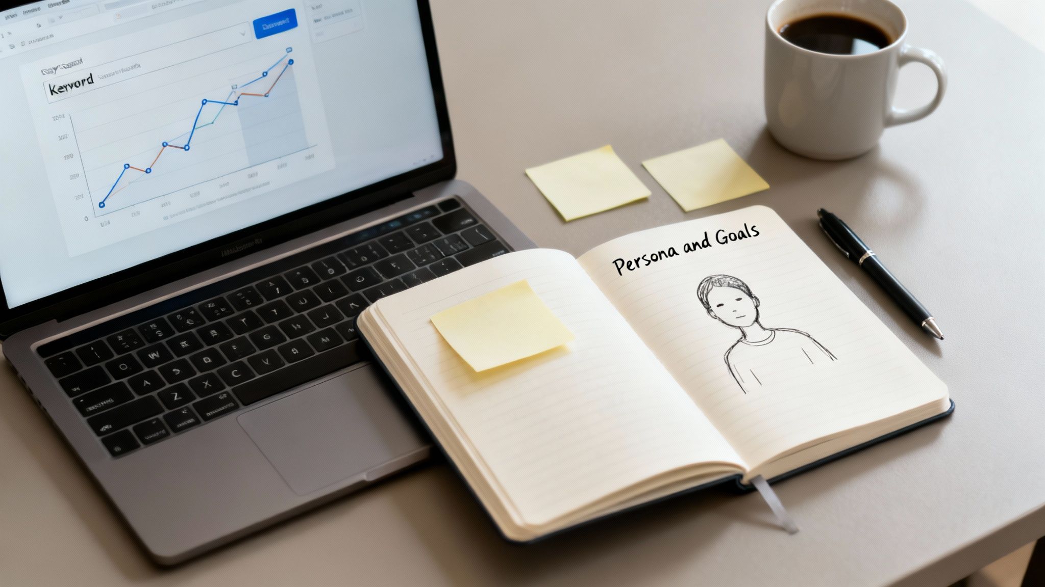 A desk with a laptop displaying a data graph, an open notebook with 'Persona and Goals,' sticky notes, and a coffee mug.