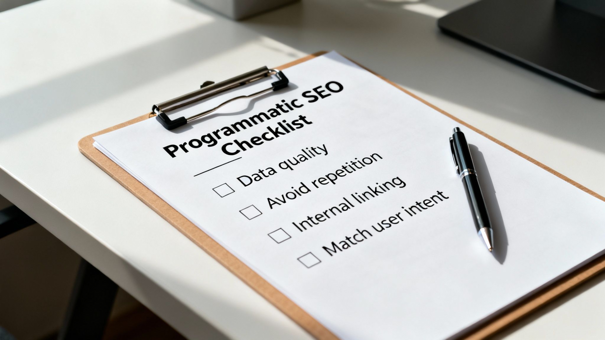 A programmatic SEO checklist on a clipboard with a pen, featuring items like data quality and internal linking.