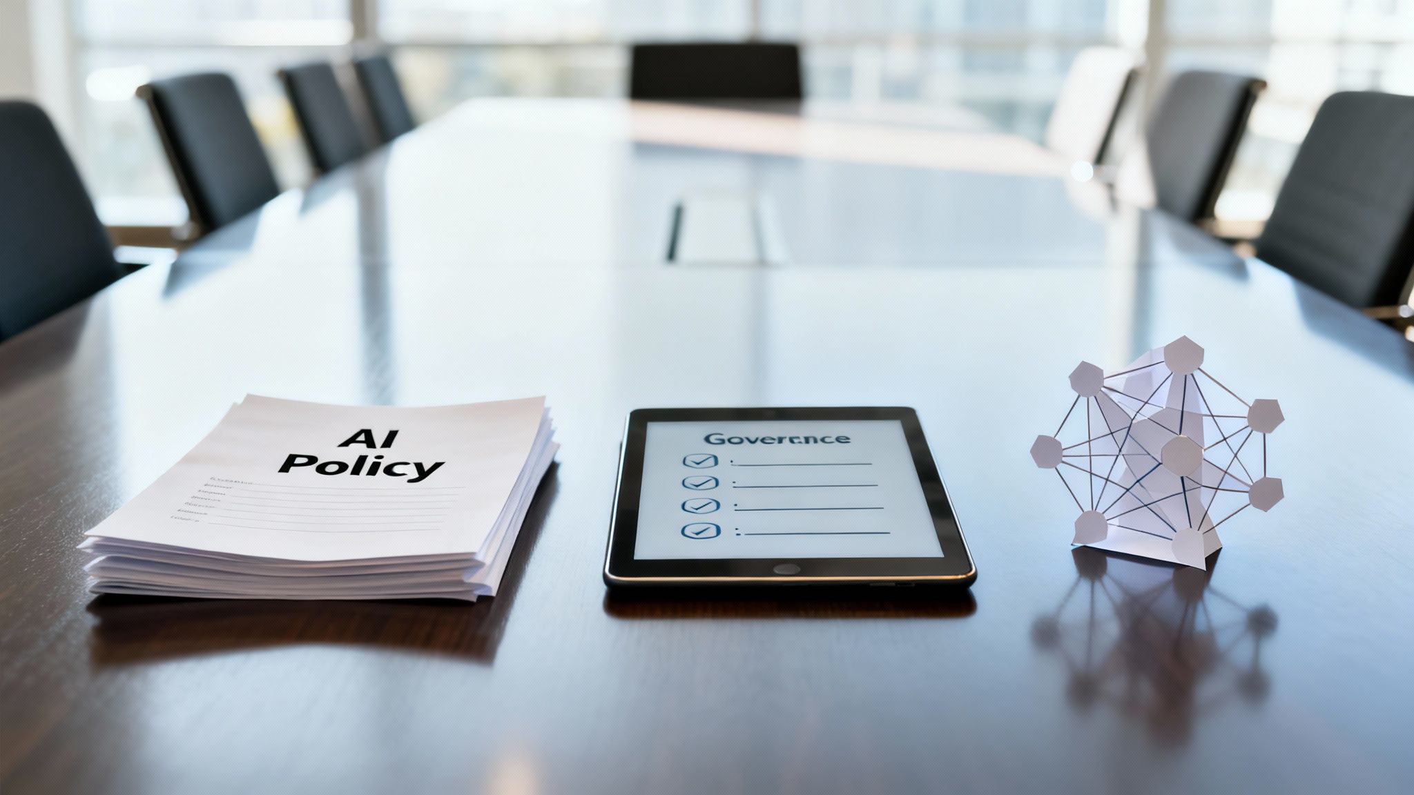 KI‑Richtliniendokumente, eine Governance‑Checkliste auf einem Tablet und ein KI‑Modell auf einem Konferenztisch.