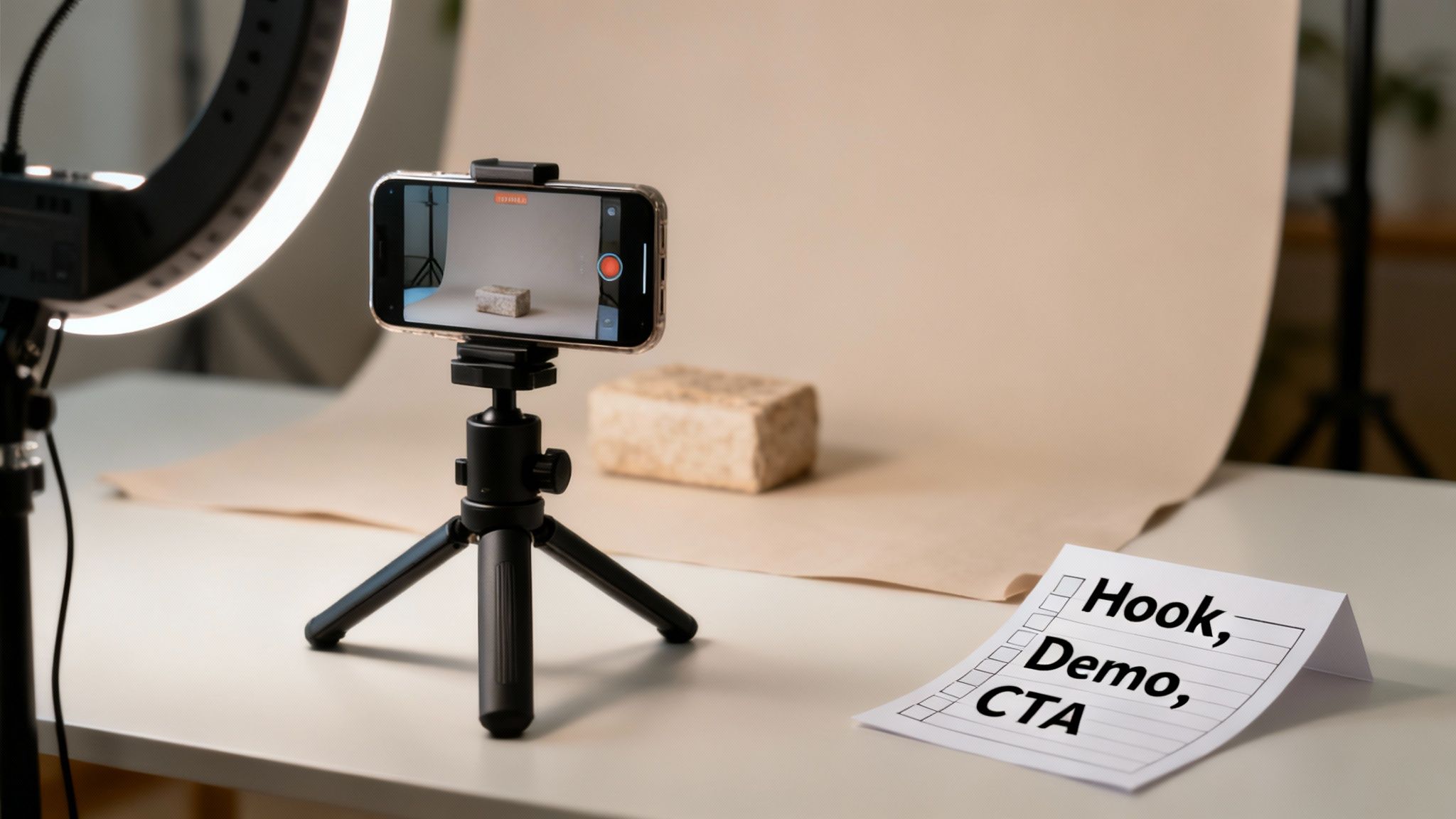 A smartphone on a tripod records a product with a ring light, next to a video script checklist.