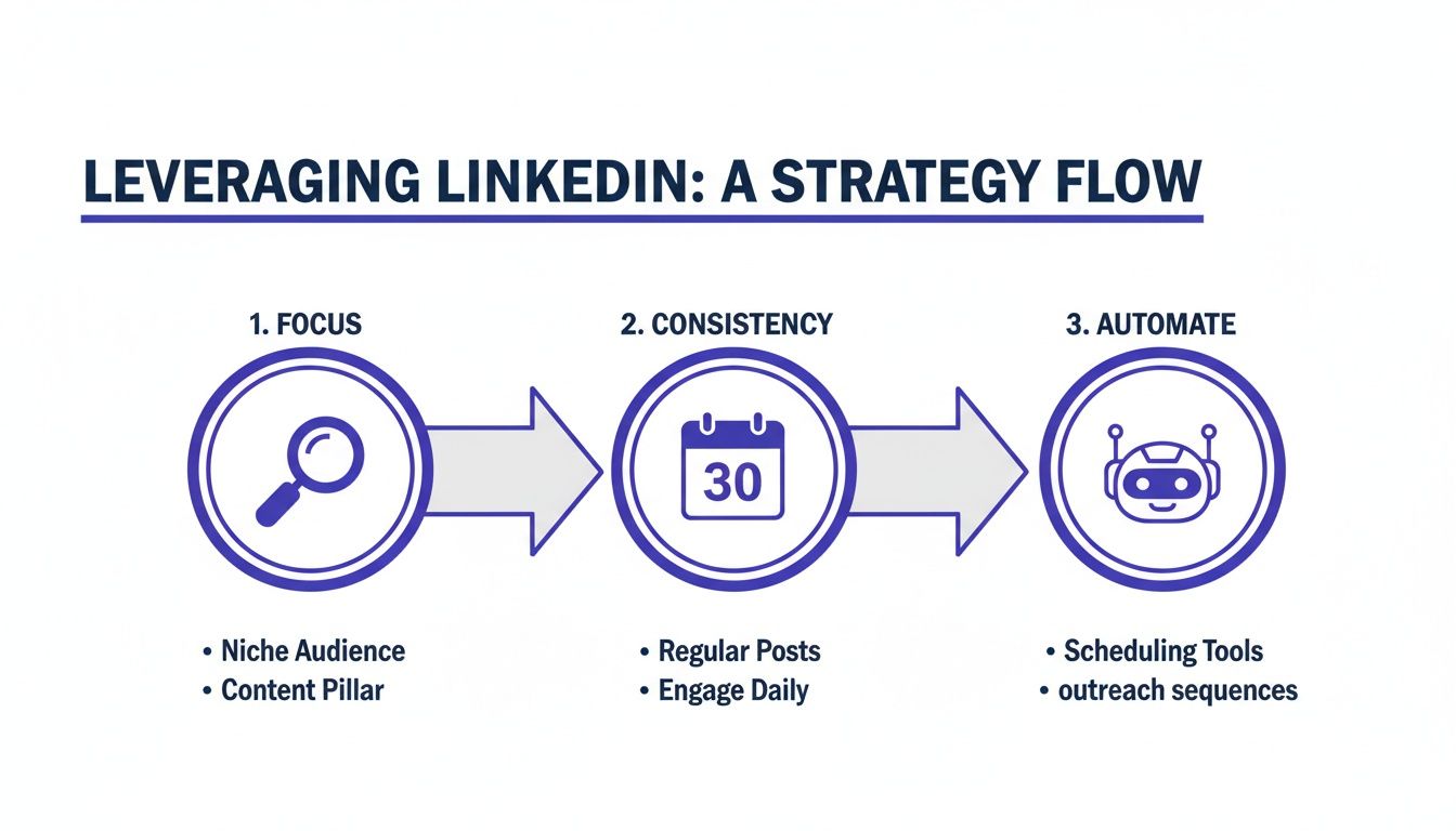 A visual illustrating a LinkedIn strategy flow, covering focus, consistency, and automation steps.