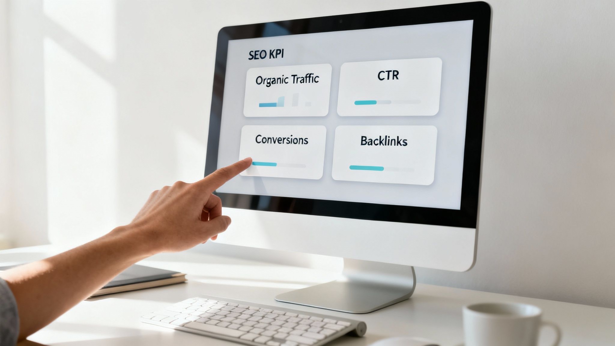 A person's hand points to an SEO KPI dashboard on a computer monitor displaying performance metrics.