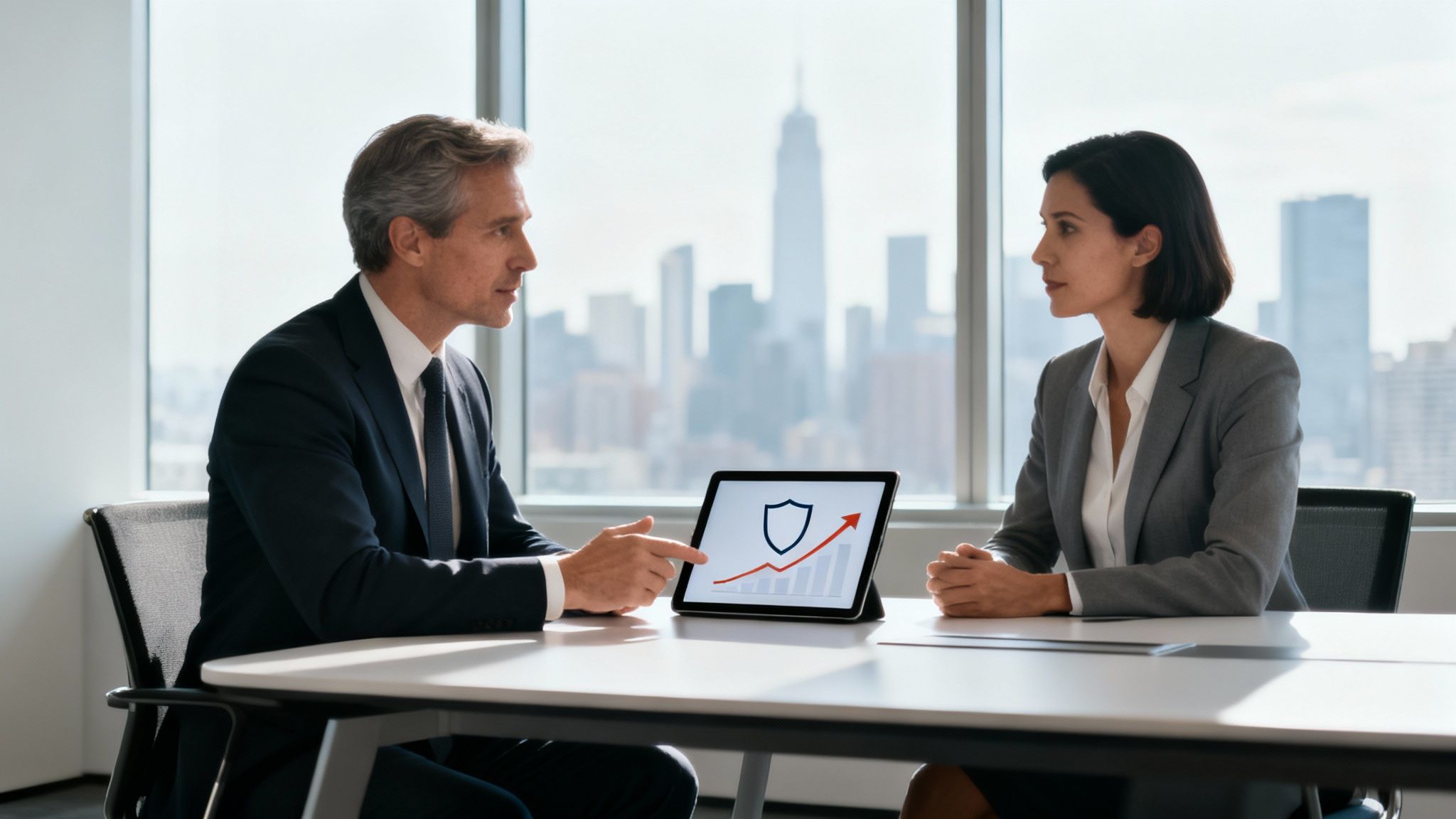 Zwei Geschäftspersonen diskutieren über Cybersecurity-Wachstum auf einem Tablet in einem modernen Büro.