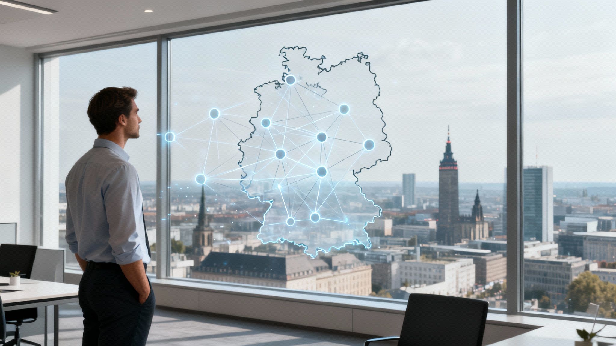 Mann in modernem Büro betrachtet eine digitale Deutschlandkarte mit Netzwerküberlagerung an einem Fenster.