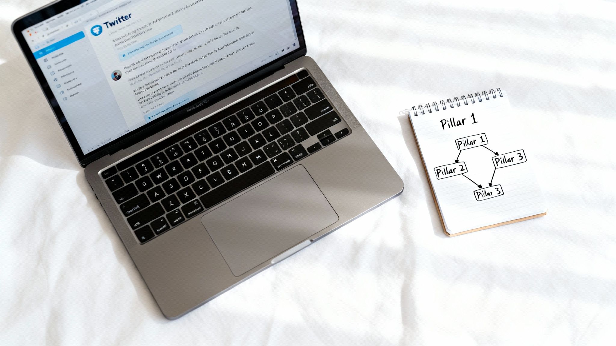 A laptop displaying Twitter next to a spiral notebook with a content strategy diagram on a white surface.