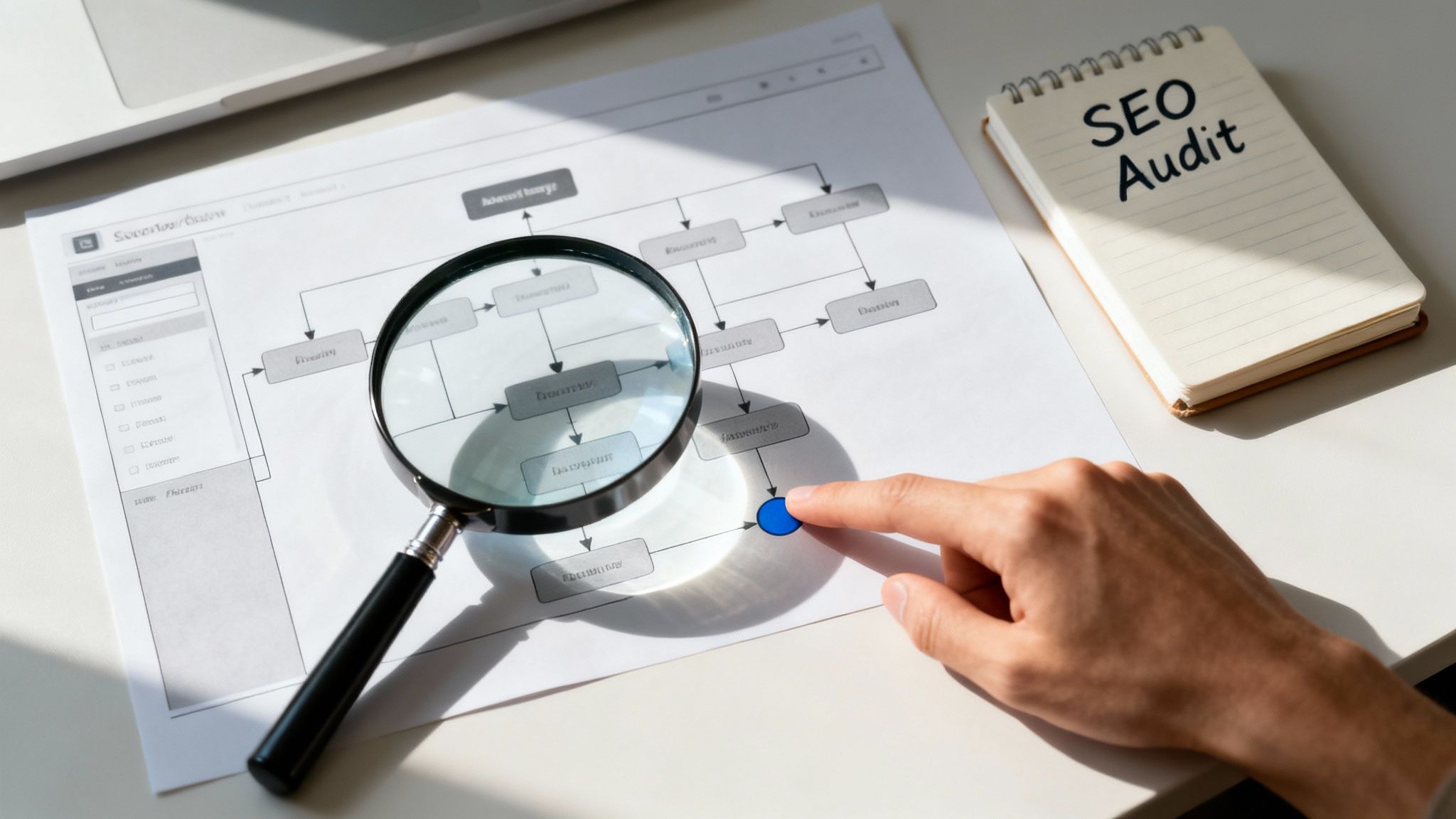 Person's hand pointing at a flowchart with a magnifying glass, next to a notebook titled 'SEO Audit'.
