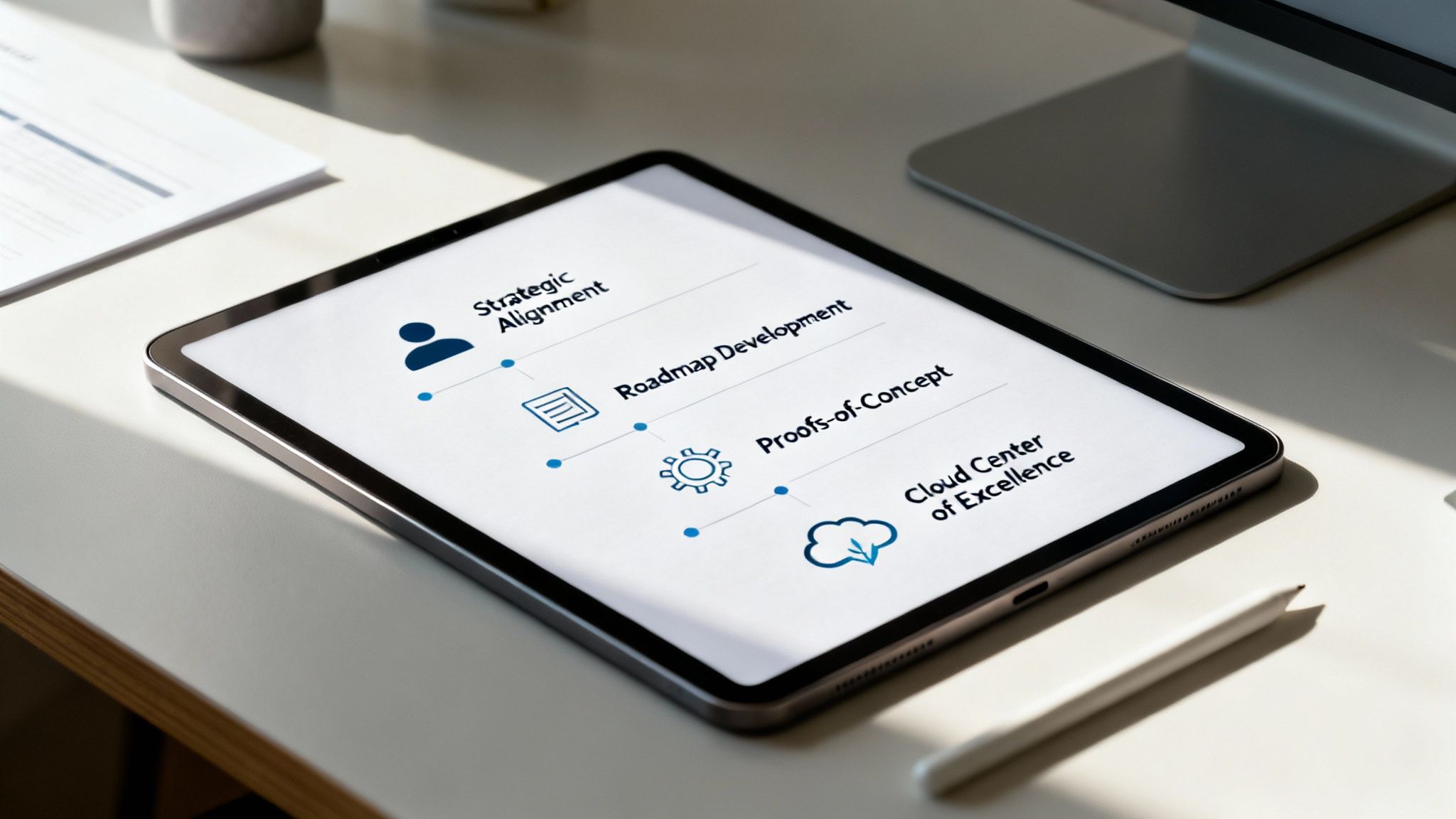 A tablet on a desk displaying a strategic alignment, roadmap, and cloud center of excellence plan.