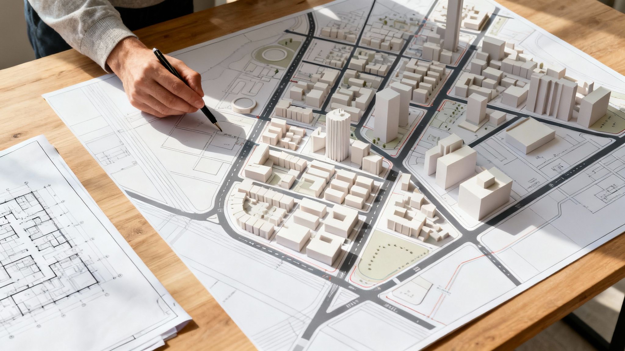 Hand eines Architekten mit Stift, die auf ein detailliertes Stadtmodell und Baupläne auf einem Holztisch zeigt.