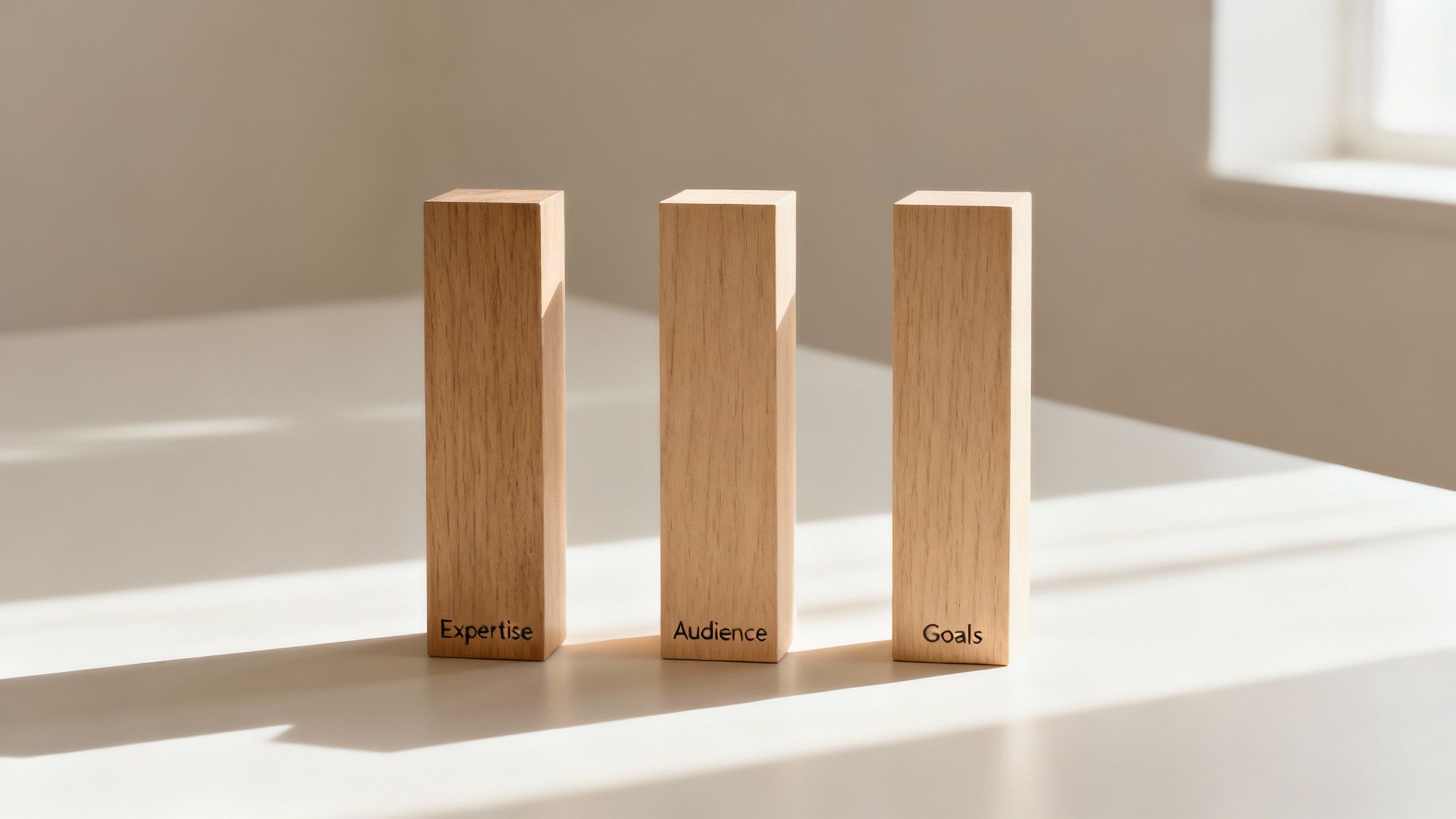 Three wooden blocks on a white table spell out "Expertise", "Audience", and "Goals" for strategy.
