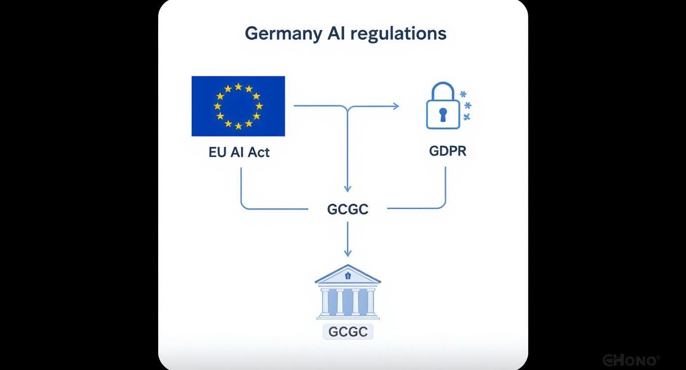 Diagramm, das die deutschen KI‑Regelungen darstellt und zeigt, wie AI Act und DSGVO den GCGC beeinflussen.