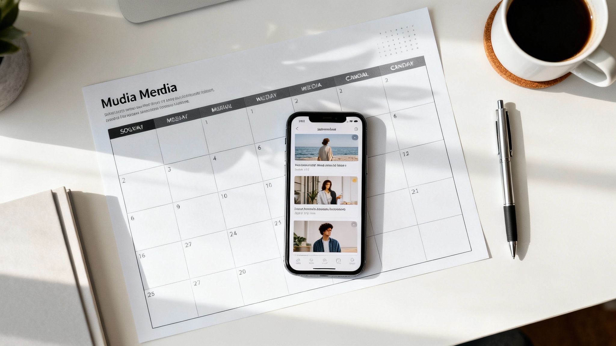 Overhead shot of a desk with a calendar, smartphone showing social media posts, pen, and coffee.