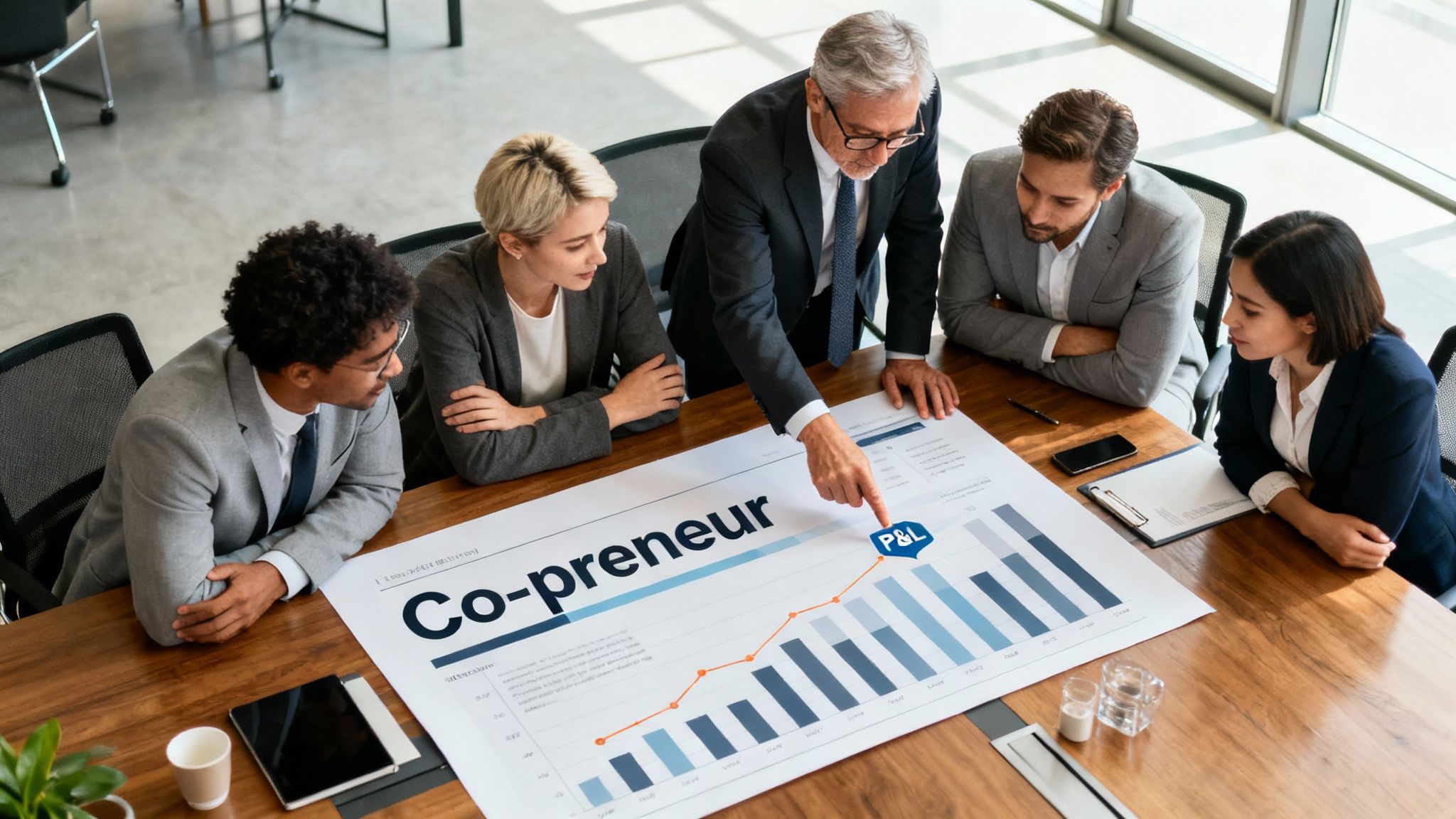 Diverse business team analyzing a 'Co-preneur' profits and loss chart during a strategic meeting.