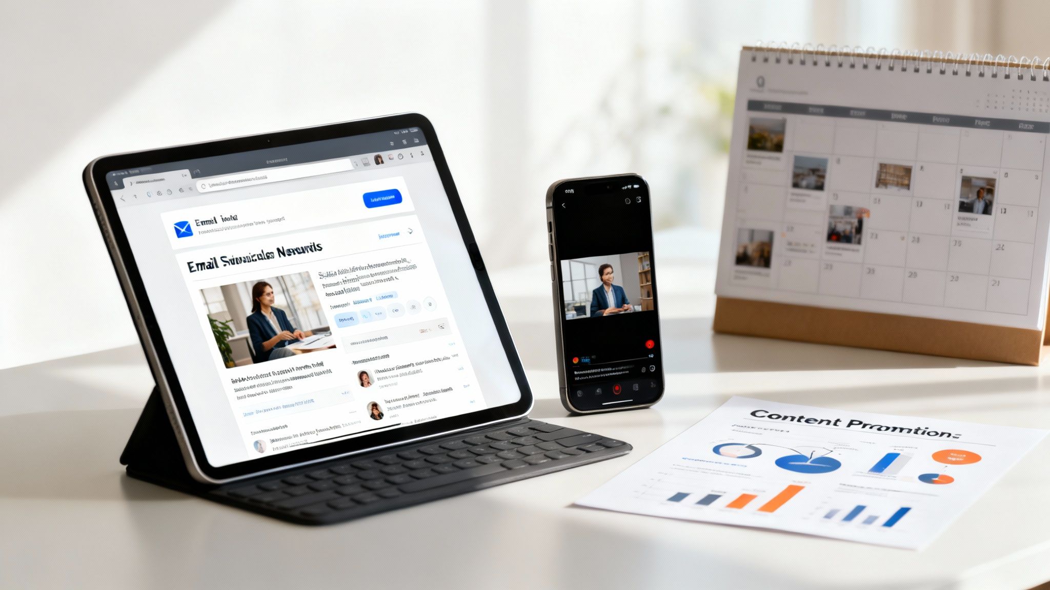 A bright workspace setup featuring a tablet, smartphone, calendar, and a document on content promotions.