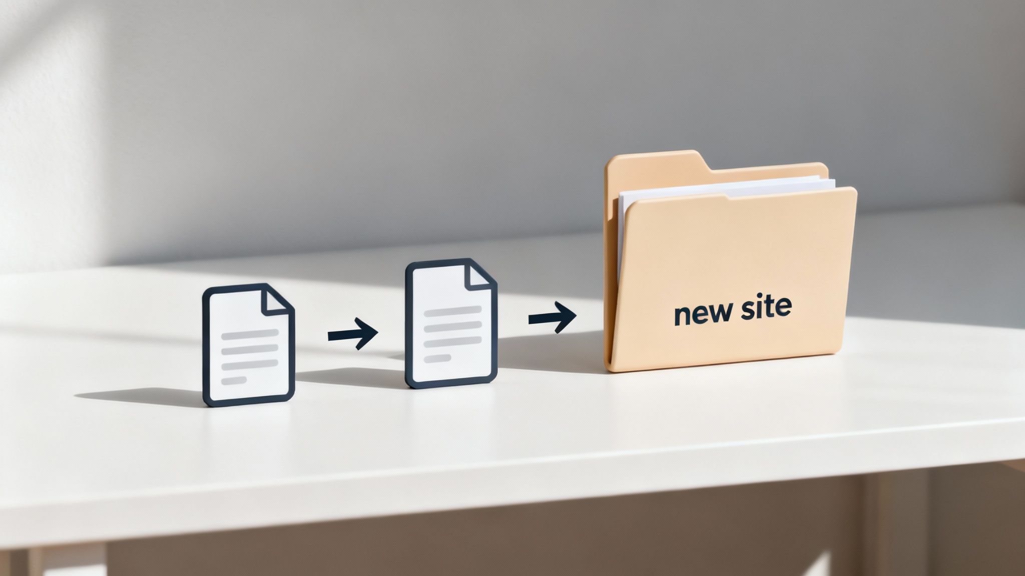 Two document icons transform into a folder labeled 'new site', depicting website migration.