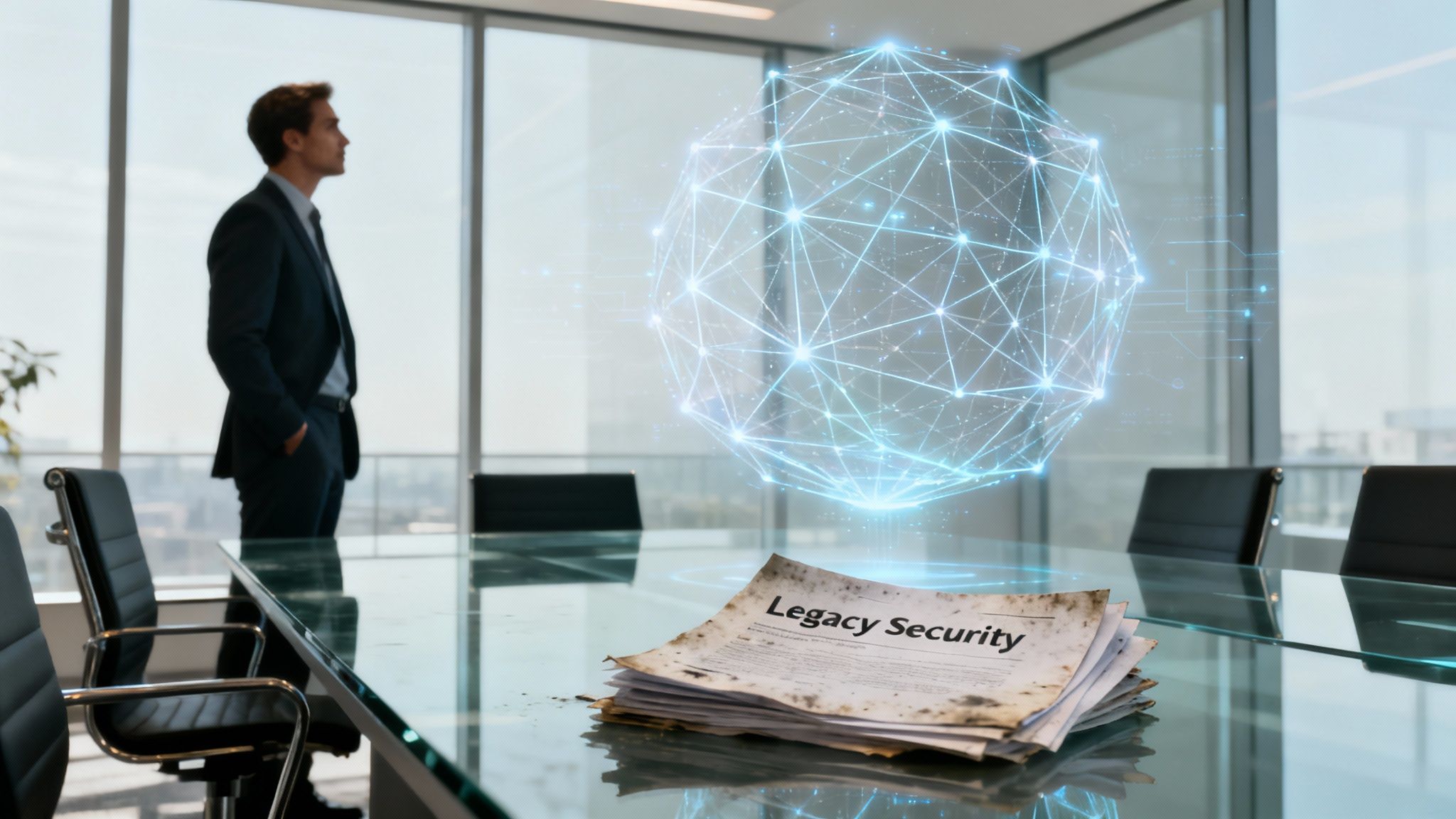 Businessman overlooks a holographic network globe and a stack of 'Legacy Security' documents on a conference table.