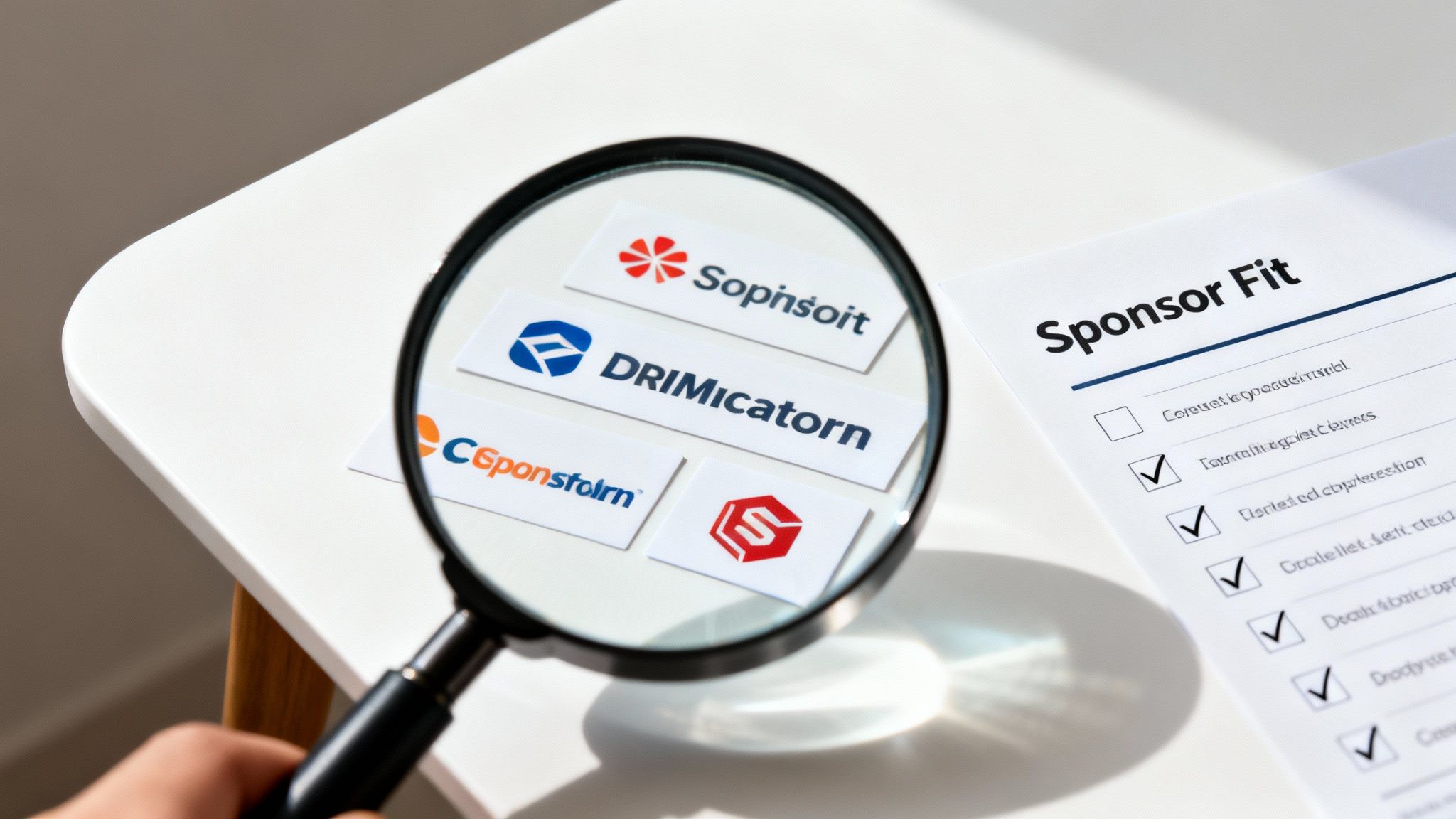 A magnifying glass held over various brand logos, next to a 'Sponsor Fit' checklist.