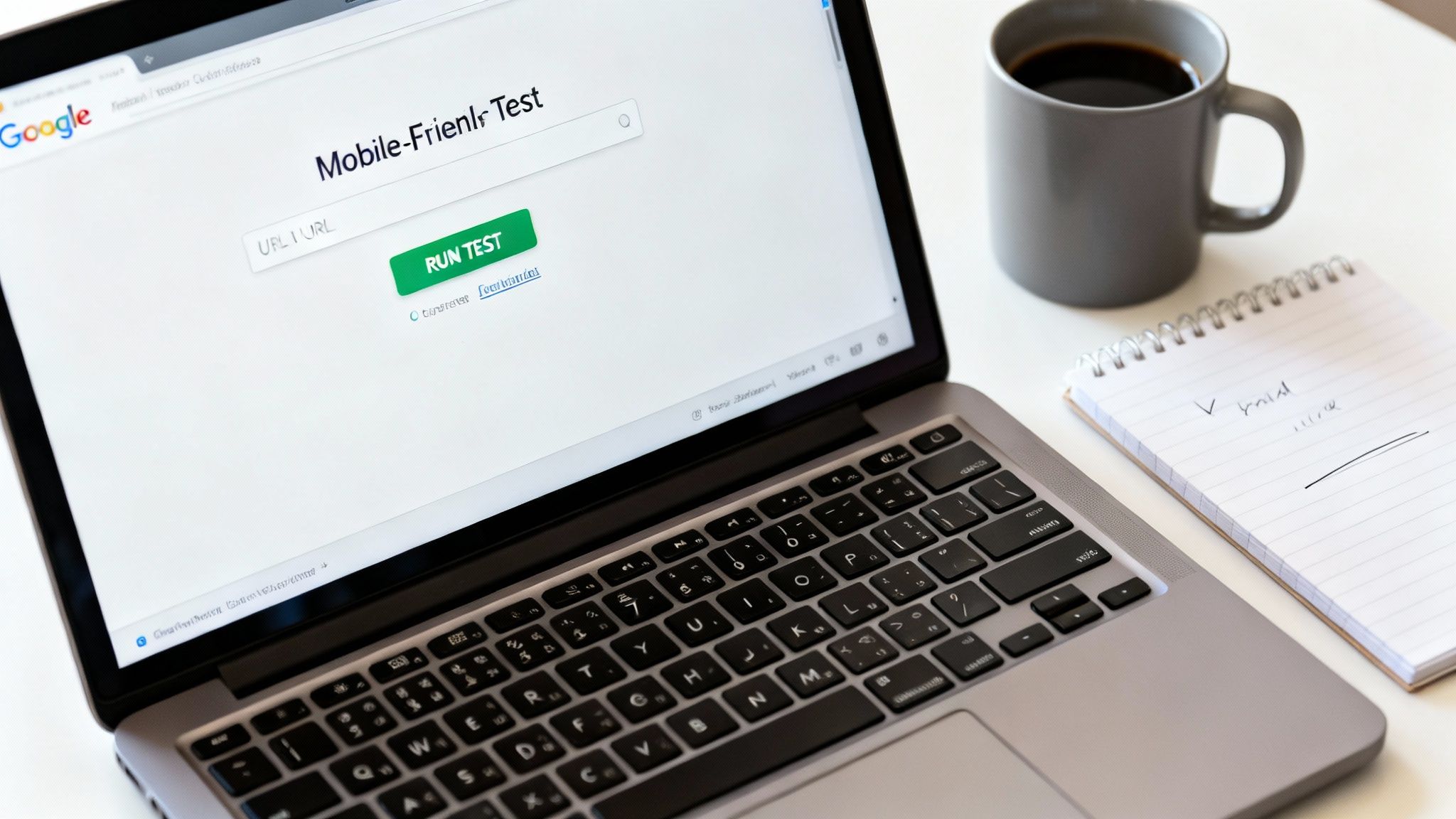 A laptop displaying the Google Mobile-Friendly Test tool, a coffee cup, and a notebook on a white desk.