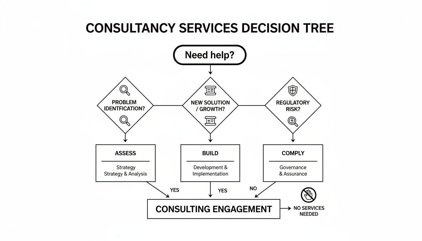 Ein Entscheidungsbaum‑Flussdiagramm, das Beratungsleistungen basierend auf Problemdefinition, Wachstum und regulatorischem Risiko darstellt.