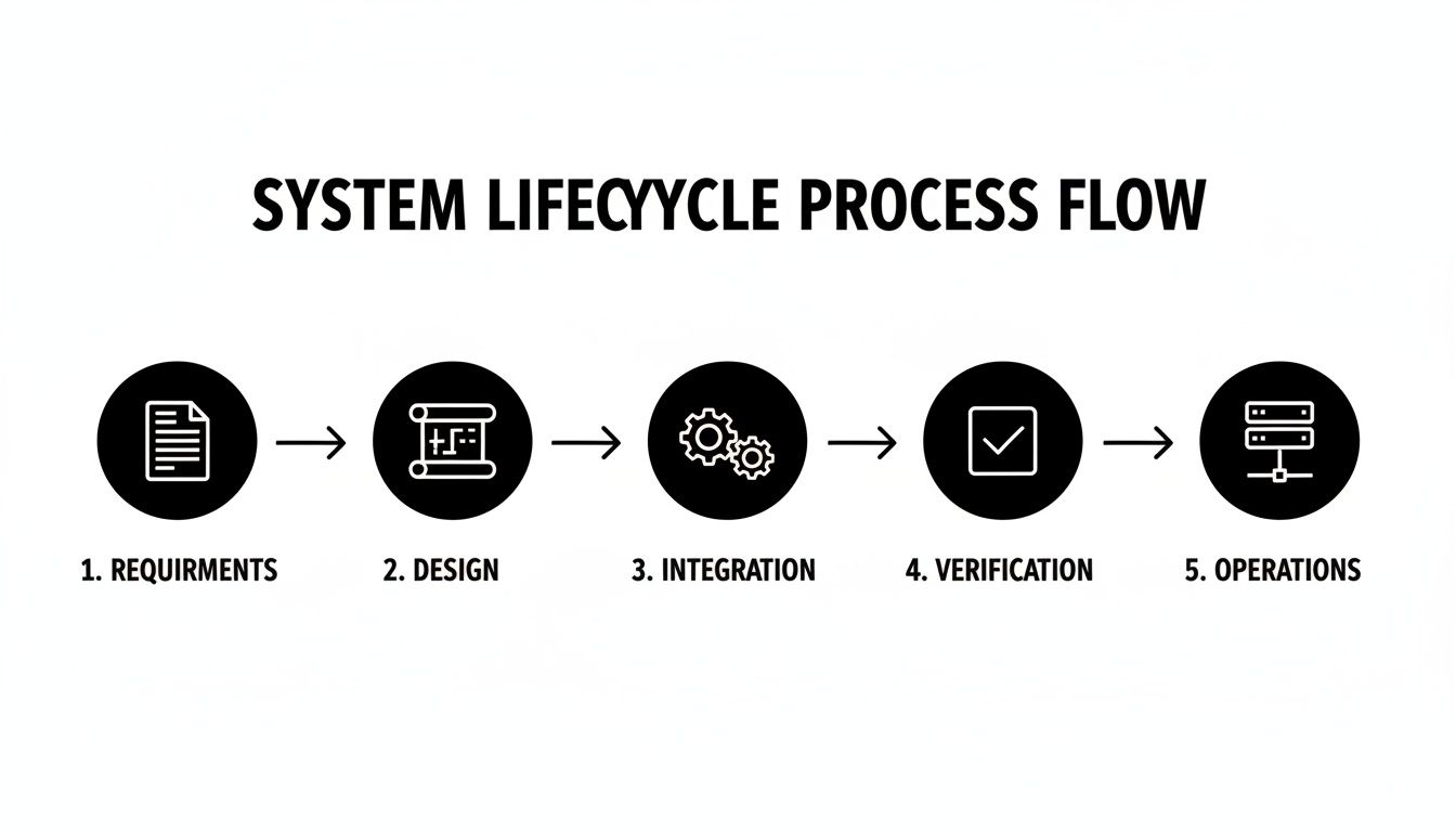 Ein Prozessablaufdiagramm des System‑Lebenszyklus, das 5 Schritte darstellt: Anforderungen, Design, Integration, Verifikation und Betrieb.