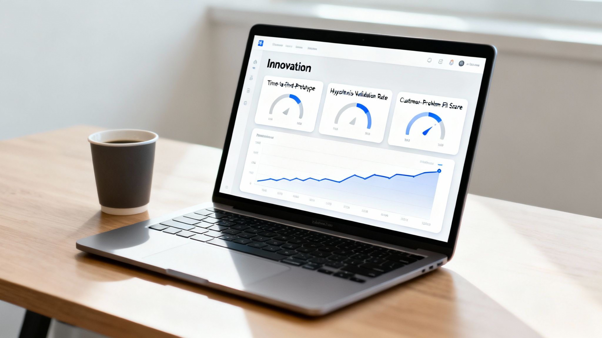 A laptop on a wooden desk displays an innovation dashboard with charts and graphs, next to a coffee cup.