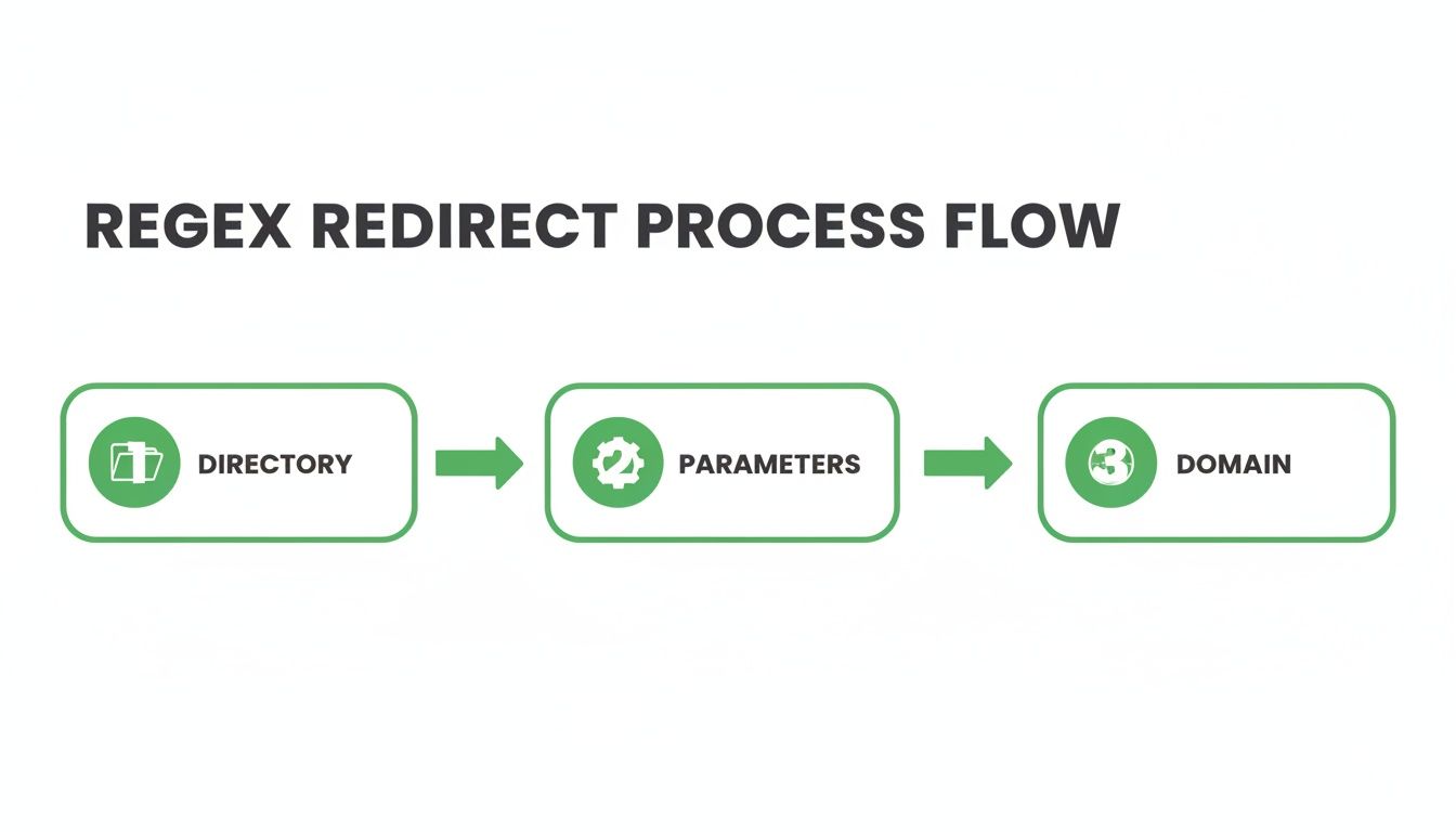A diagram illustrating the Regex Redirect Process Flow, detailing steps for directory, parameters, and domain.