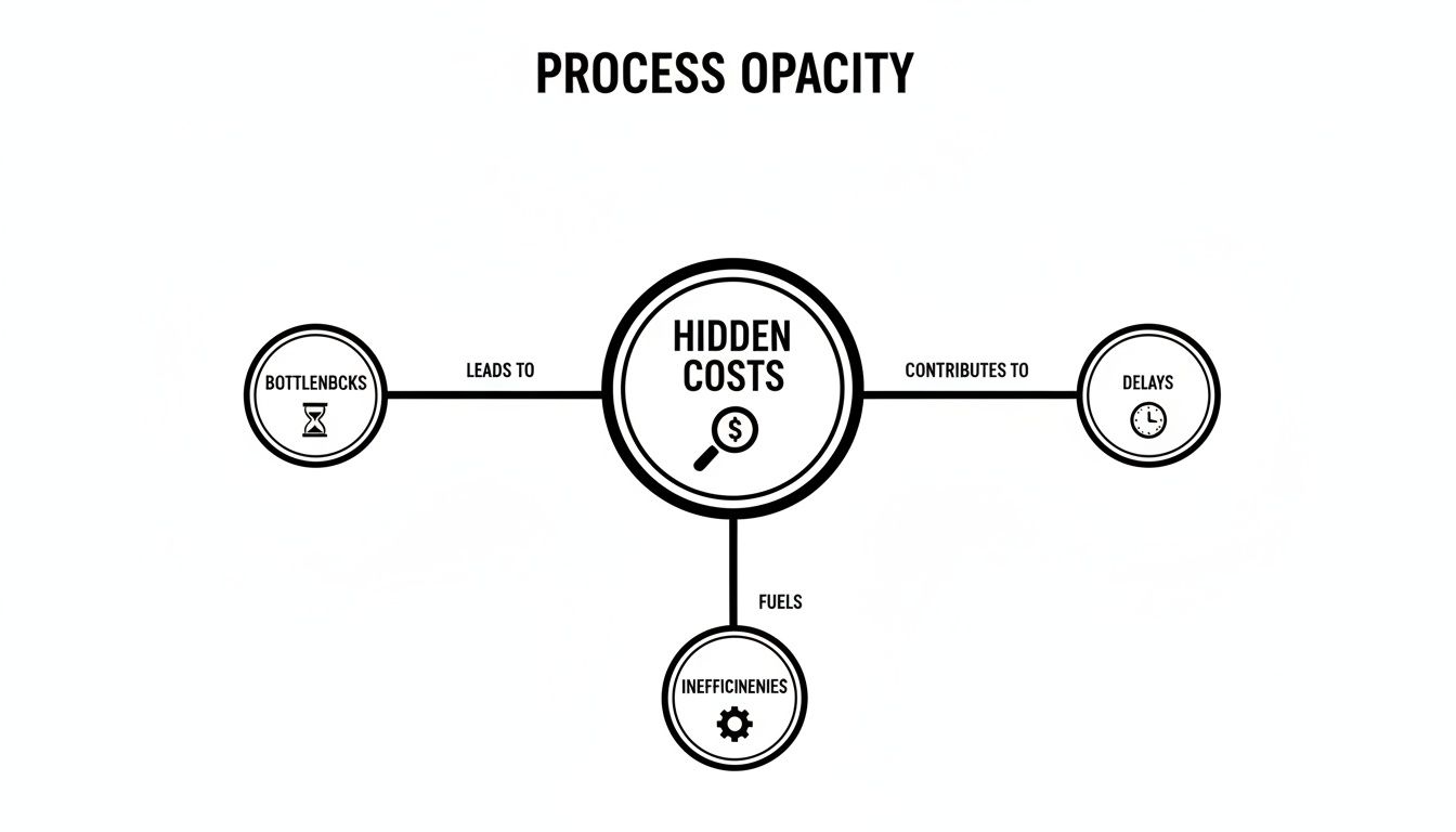 A visual diagram illustrating how process opacity contributes to hidden costs, bottlenecks, delays, and inefficiencies.