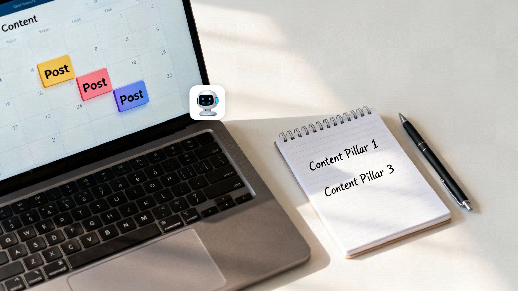 Laptop with content calendar showing scheduled posts, an AI robot icon, and a notepad with content pillars.