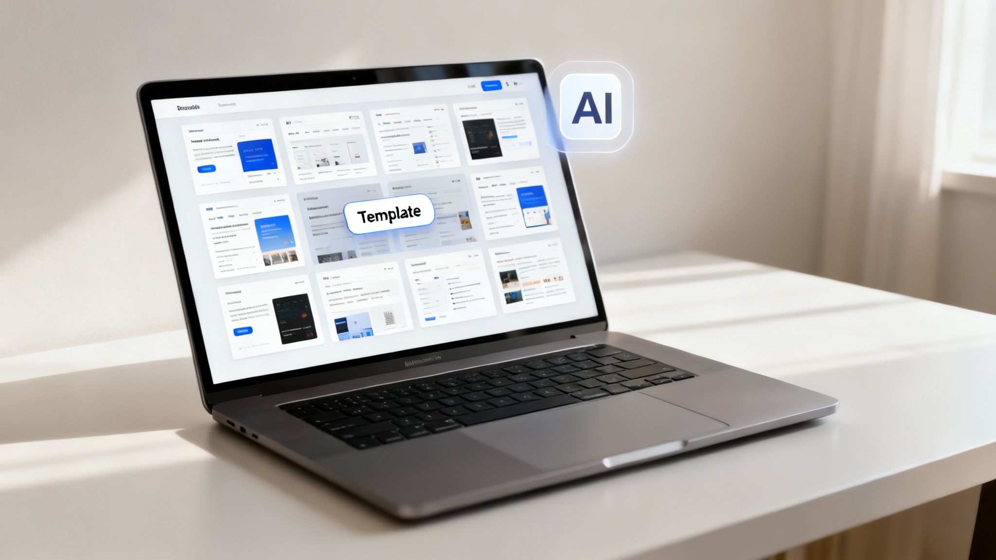 A laptop displaying a grid of website templates with 'Template' and 'AI' overlays, on a white desk.