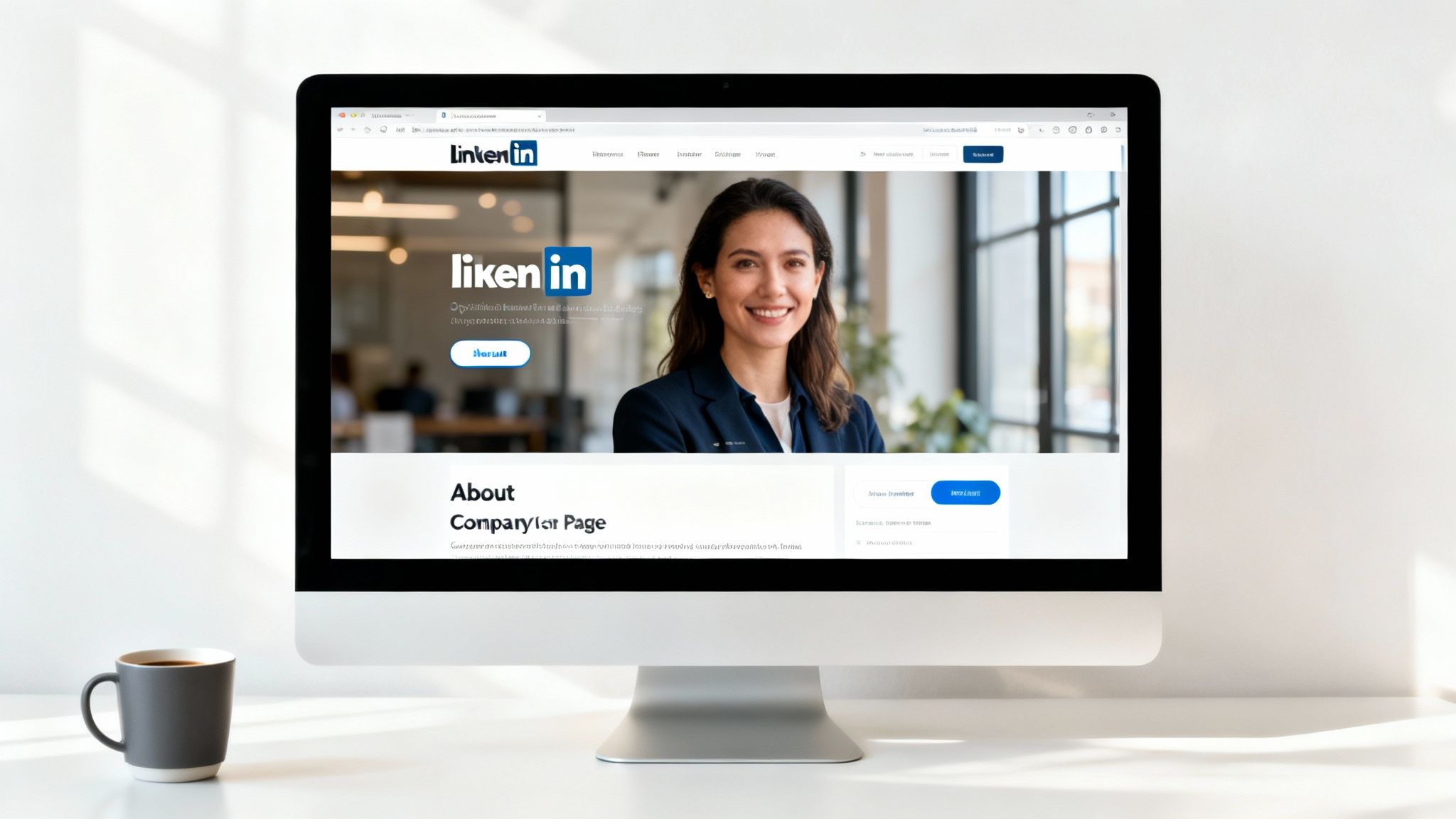 Desktop monitor displaying a professional networking company page with a smiling woman and a coffee mug.