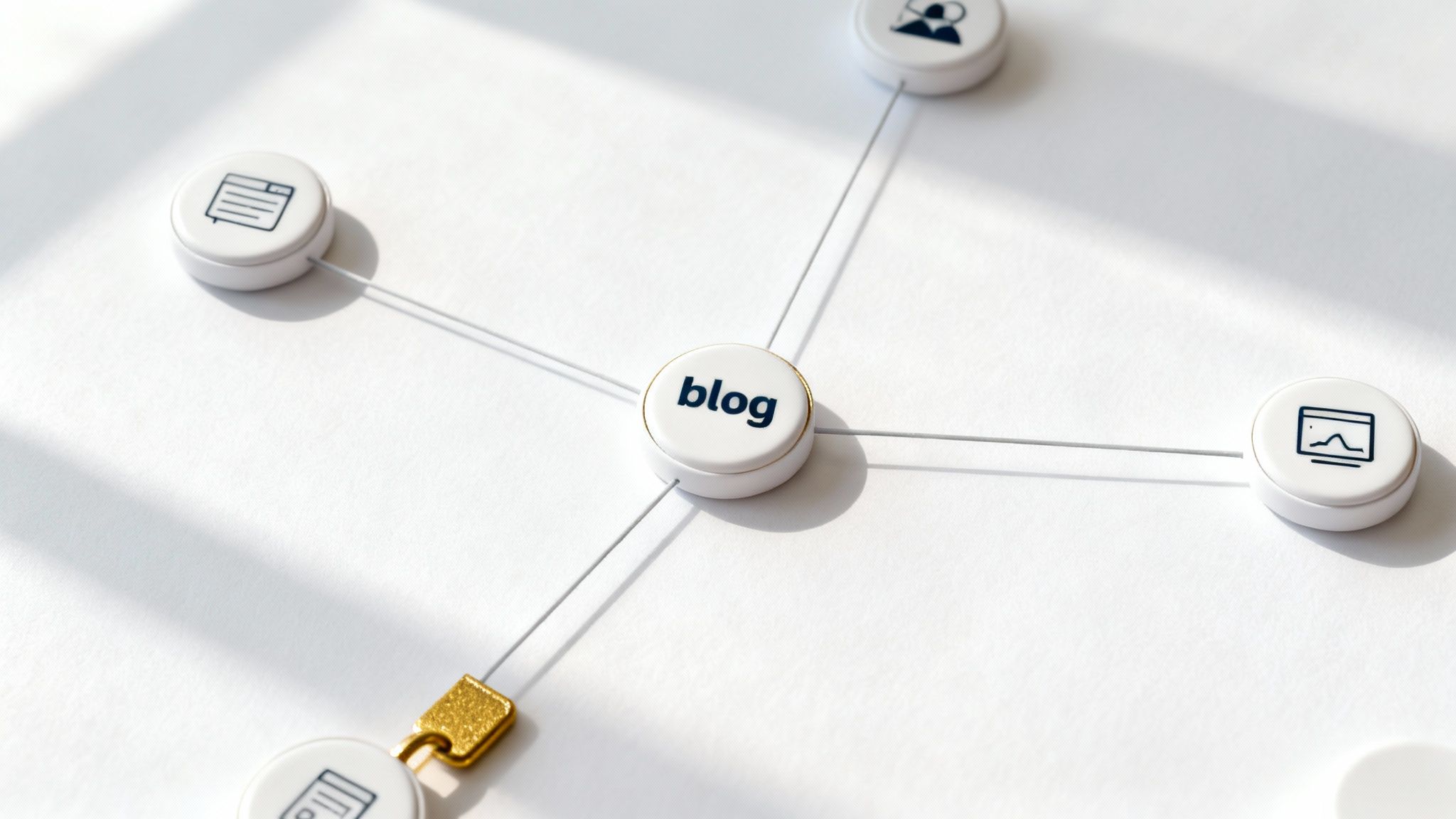 A central 'blog' node connects to document, people, and chart icons, representing content strategy.