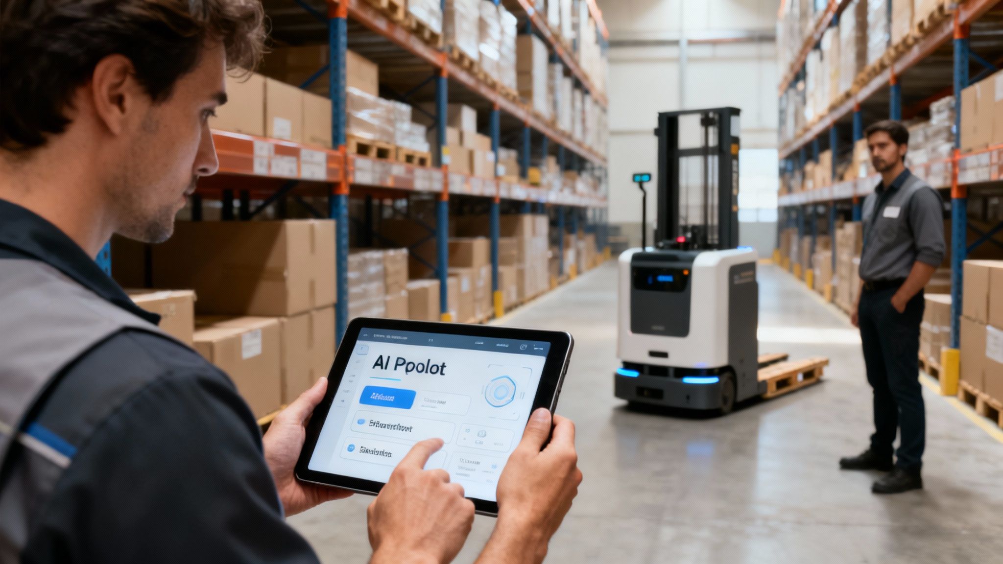 Ein Mitarbeiter steuert mit einem Tablet einen autonomen Roboter, der eine Palette in einem geschäftigen Lager bewegt.