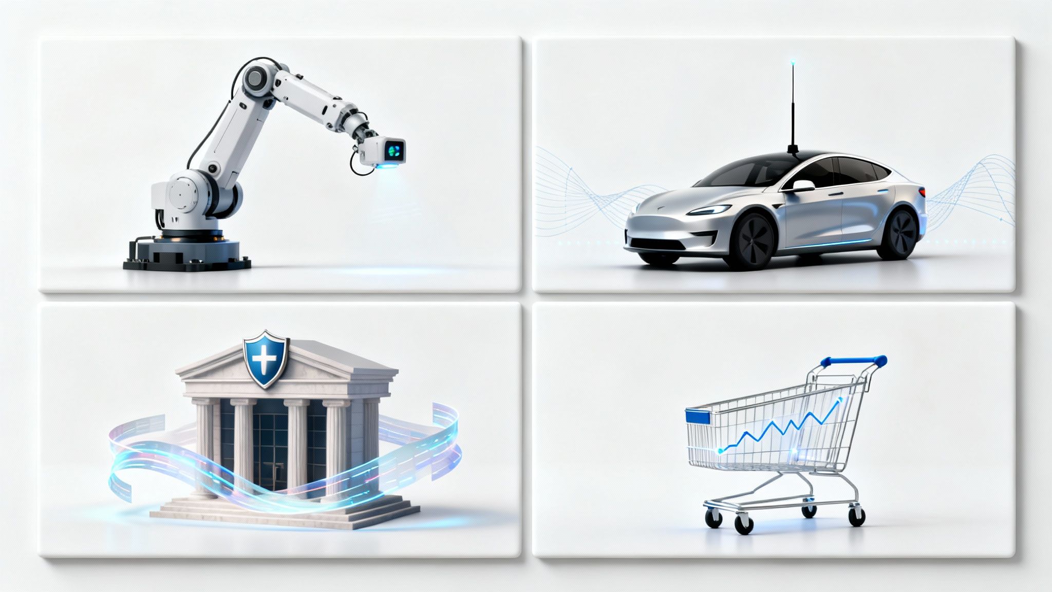 Vier Panels, die datengetriebene Technologie in verschiedenen Sektoren zeigen: Robotik, intelligente Autos, Gesundheitswesen und E‑Commerce.