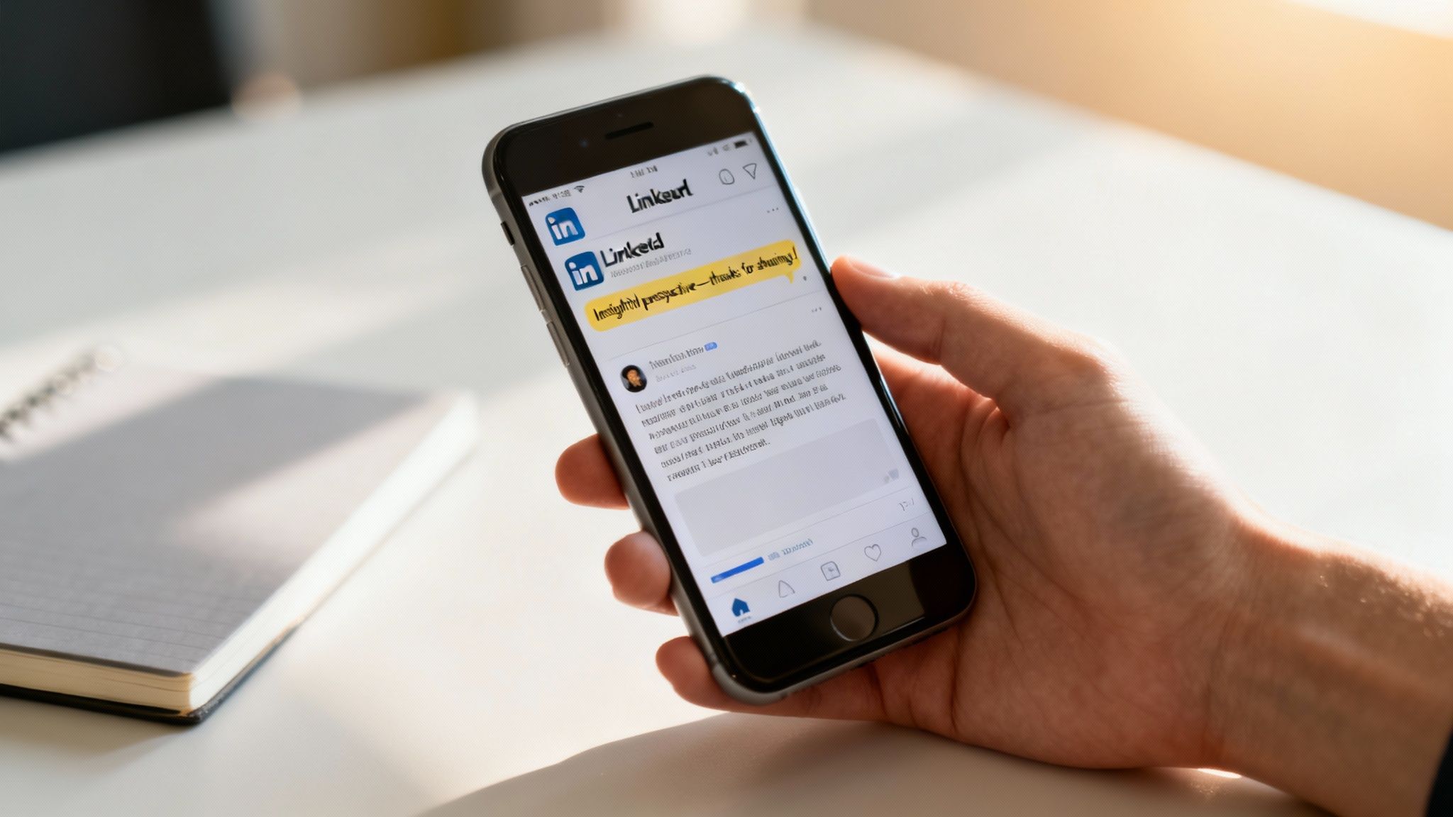A hand holds a smartphone displaying the LinkedIn app with a highlighted comment on a white desk.