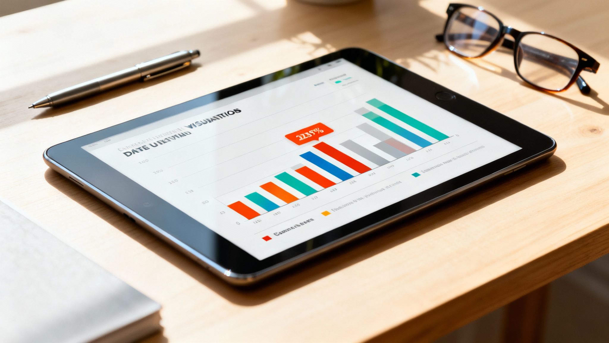 A tablet displays a colorful bar chart with a 223.5% increase on a wooden desk with a pen and glasses.