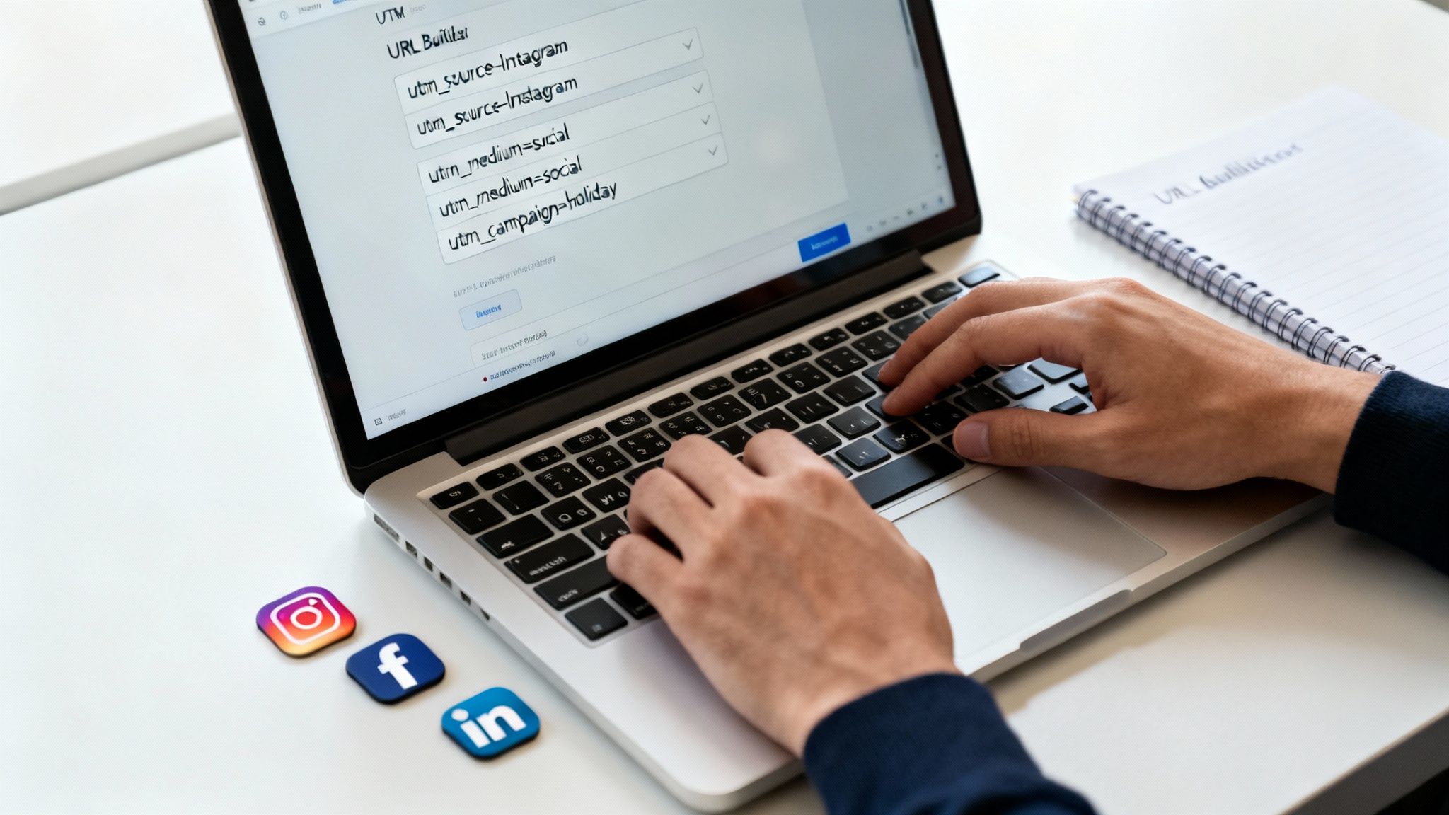 Hands typing on a laptop screen displaying a URL builder with social media tracking parameters and icons.