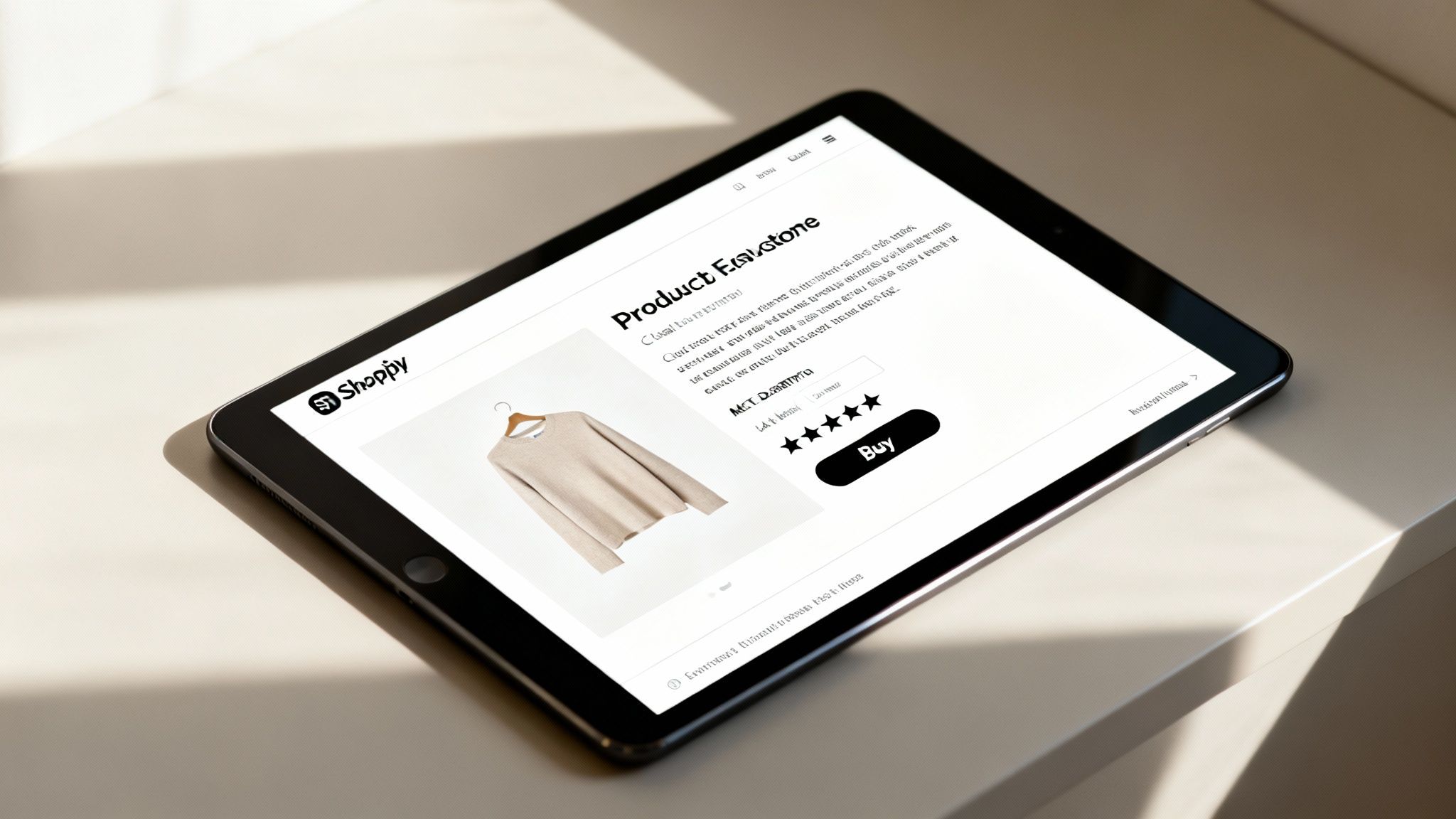 A tablet displays a Shoppy e-commerce product page for a beige sweater, showing ratings and a 'Buy' button.