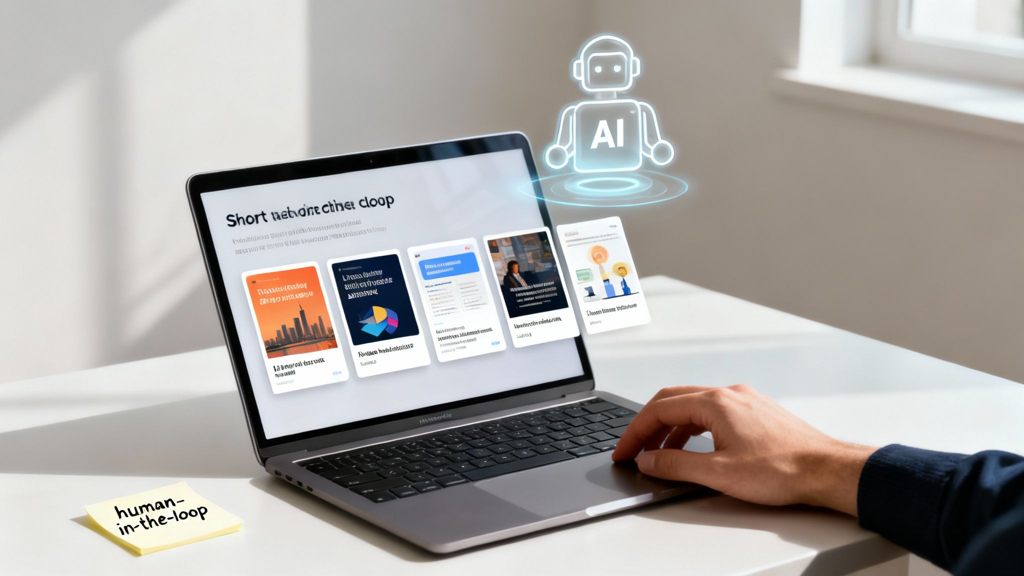 Laptop zeigt Website-Content, ein leuchtender KI-Roboter und ein 'human-in-the-loop'-Aufkleber