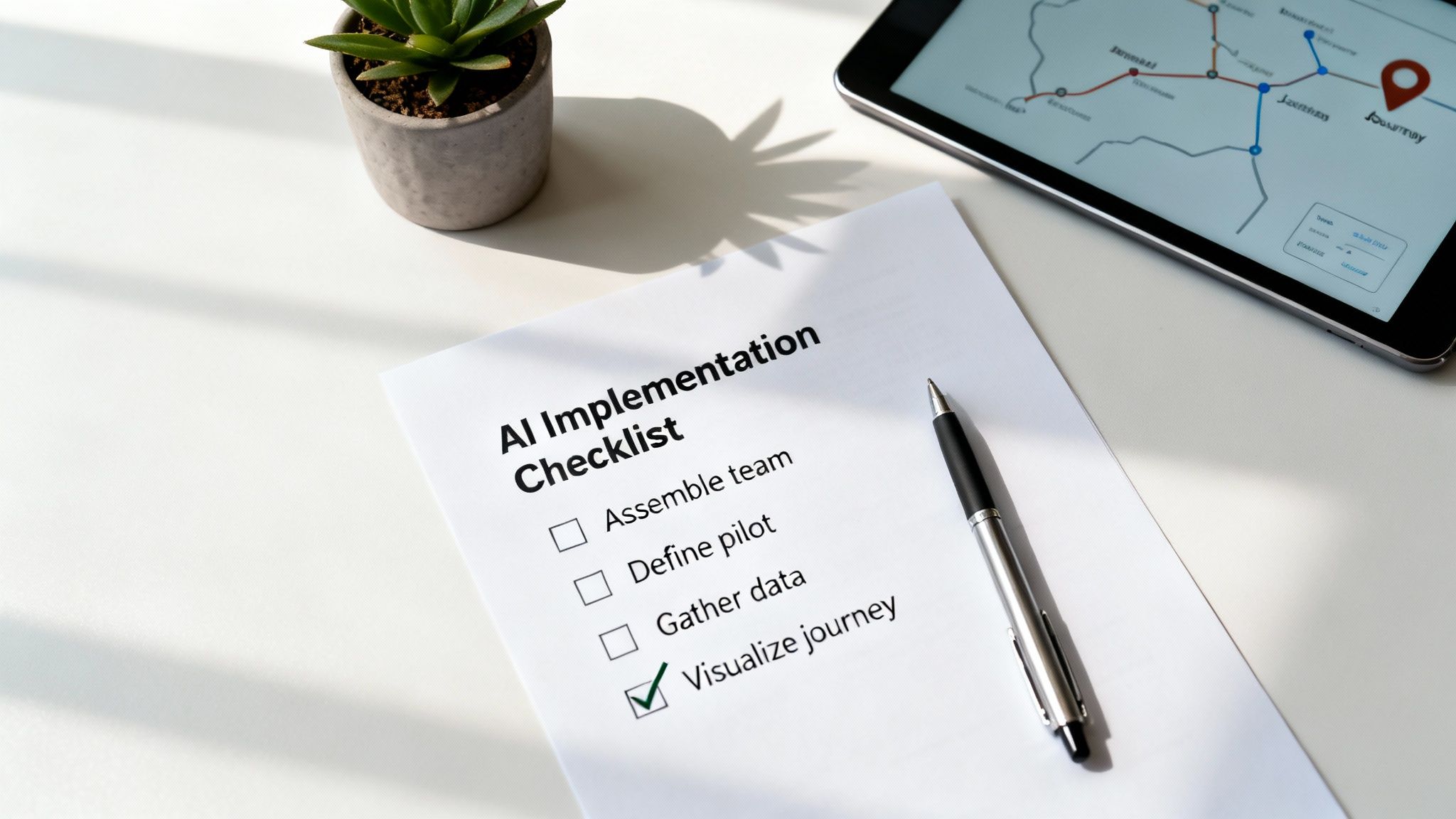 AI Implementation Checklist on a white desk with 'Visualize journey' checked, next to a pen and tablet showing a map.