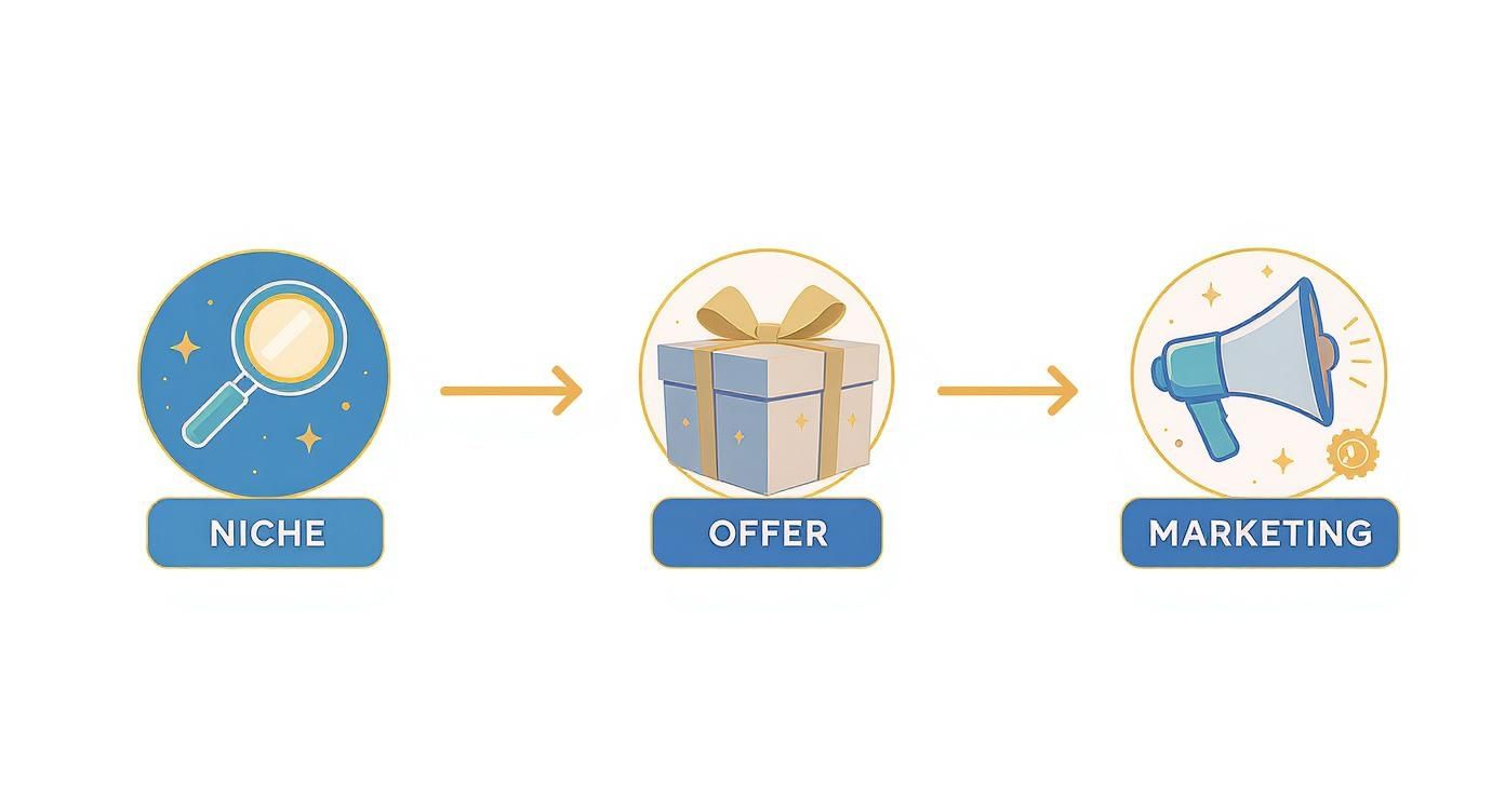 Diagram showing the marketing strategy steps: Niche (magnifying glass), Offer (gift box), and Marketing (megaphone).