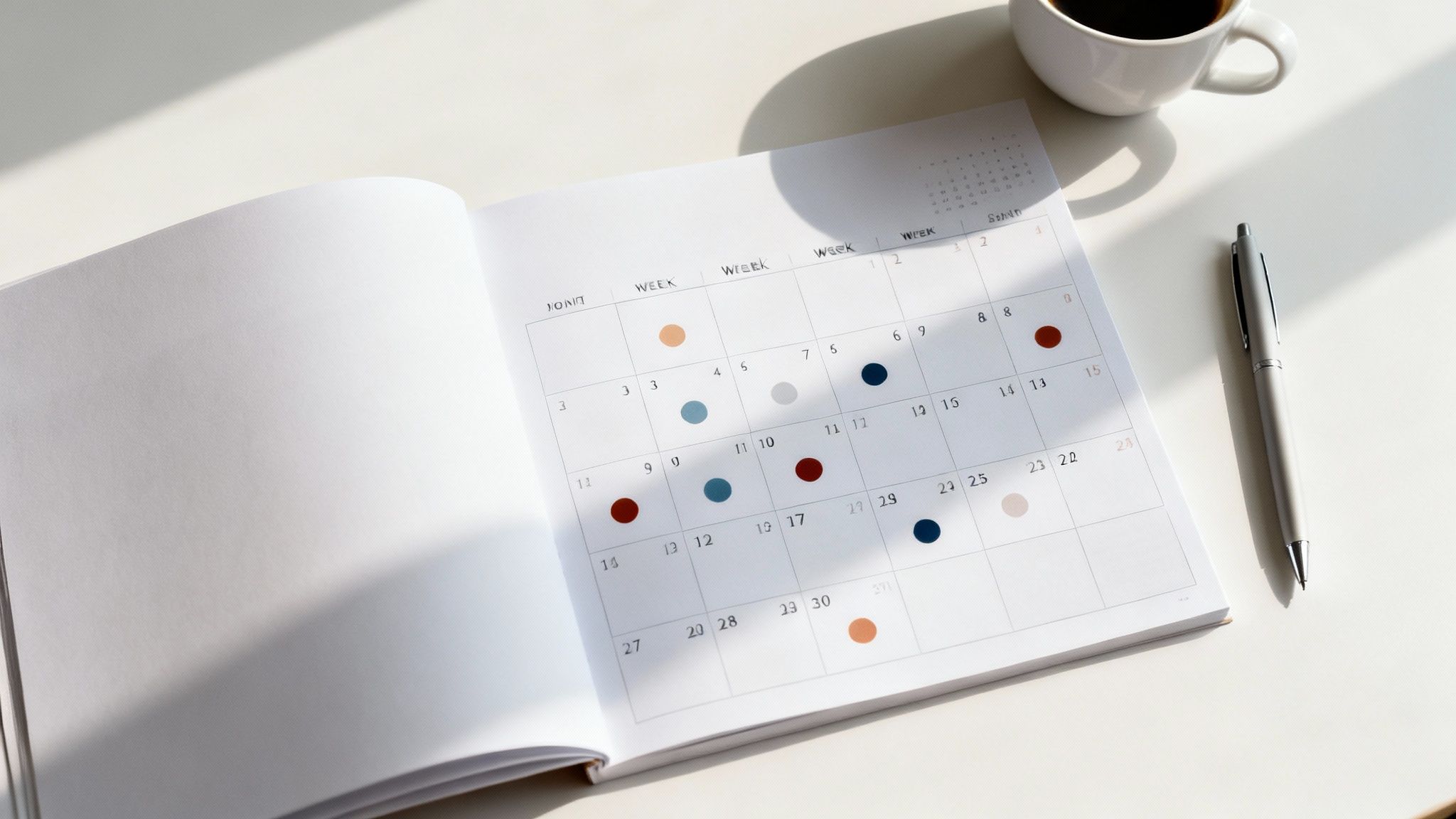 An open weekly planner with colored dots, a coffee cup, and a pen on a bright white desk with shadows.
