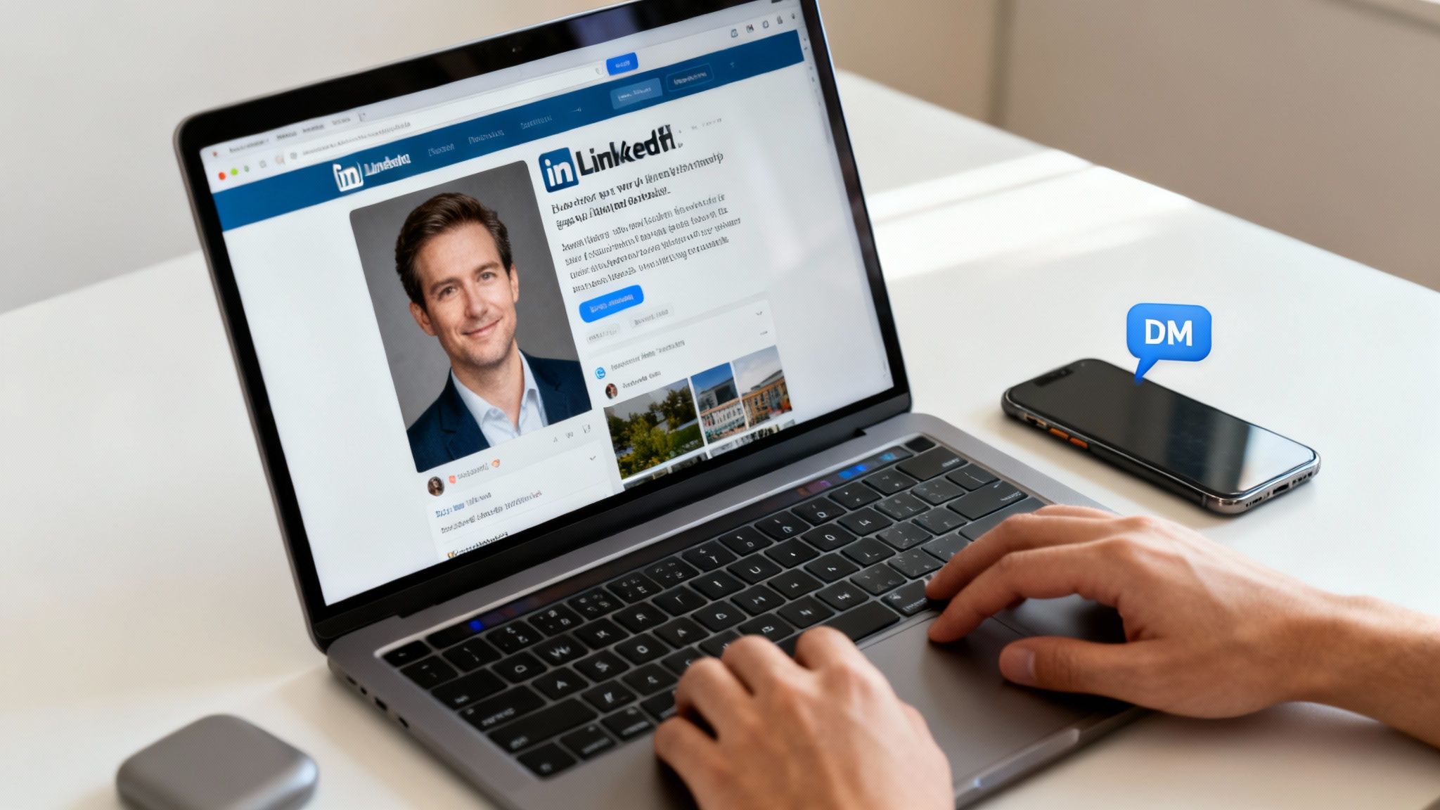 Person typing on a laptop showing a LinkedIn profile, with a smartphone displaying a 'DM' bubble on a white desk.