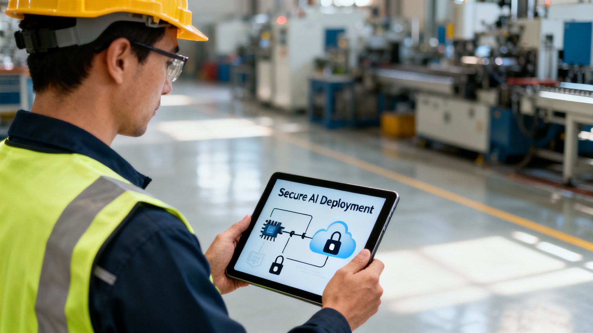 An engineer in a factory reviews secure AI deployment on a tablet, focusing on industrial cybersecurity.