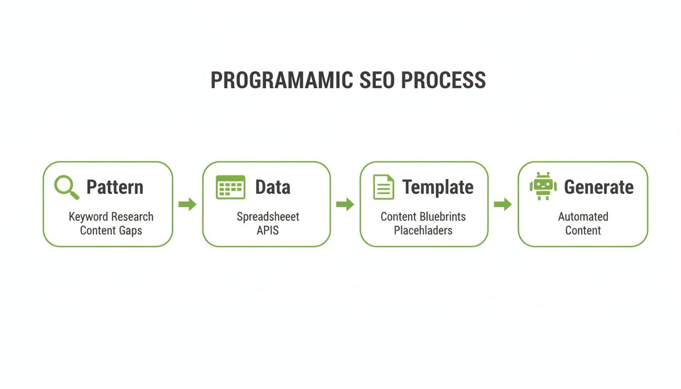 A programmatic SEO process flowchart detailing steps: Pattern, Data, Template, and Generate automated content.