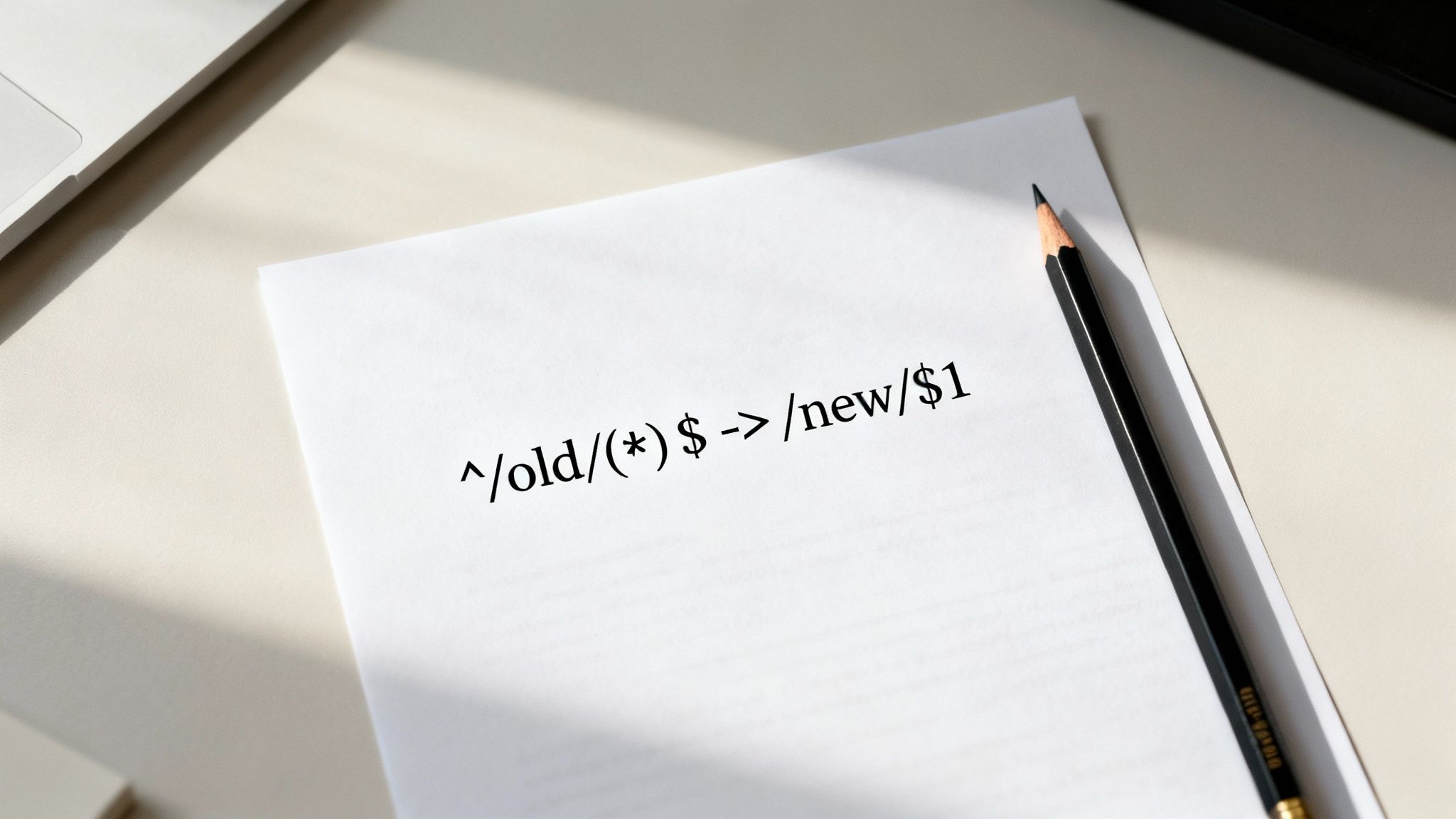 A white paper displays a regex rule for old to new redirect, with a pencil nearby on a desk.