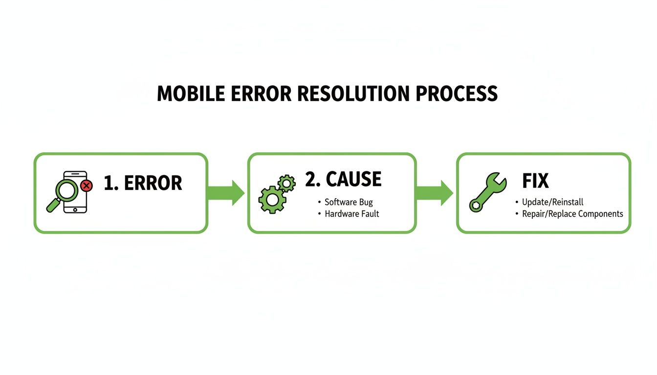 Flowchart illustrating the mobile error resolution process, detailing steps from error identification to cause analysis and fixing solutions.