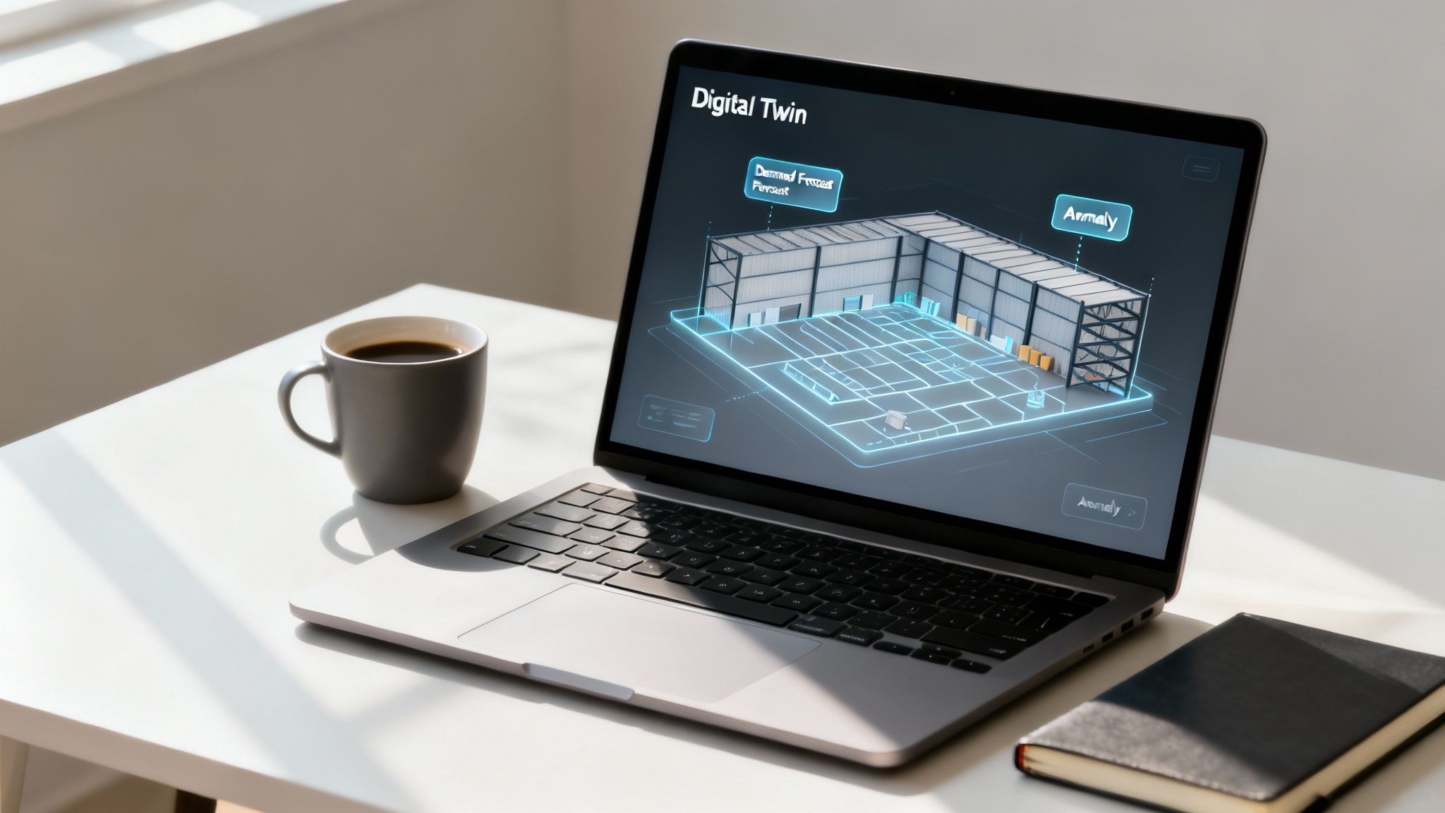 A laptop displays a digital twin of a factory floor, showing demand forecast and anomaly detection, next to a coffee cup.